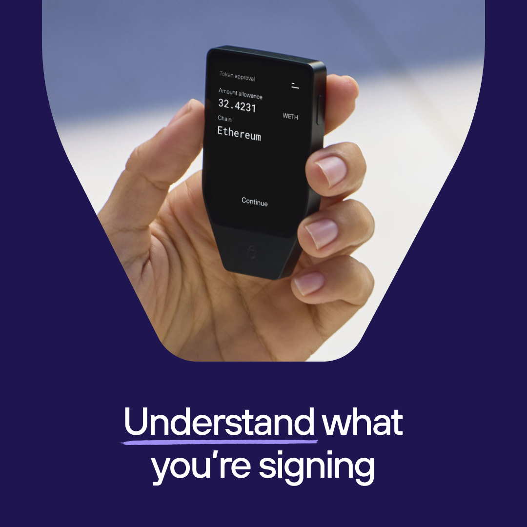 Trezor's tweet photo. Smart contract transactions can be complex.   

Clear Signing makes them easier to understand.  Your Trezor decodes supported EVM transactions and shows the action, tokens, amounts, and destination on its trusted screen.  

See it. Verify it. Sign with confidence. https://t.co/oczZ3E0uco