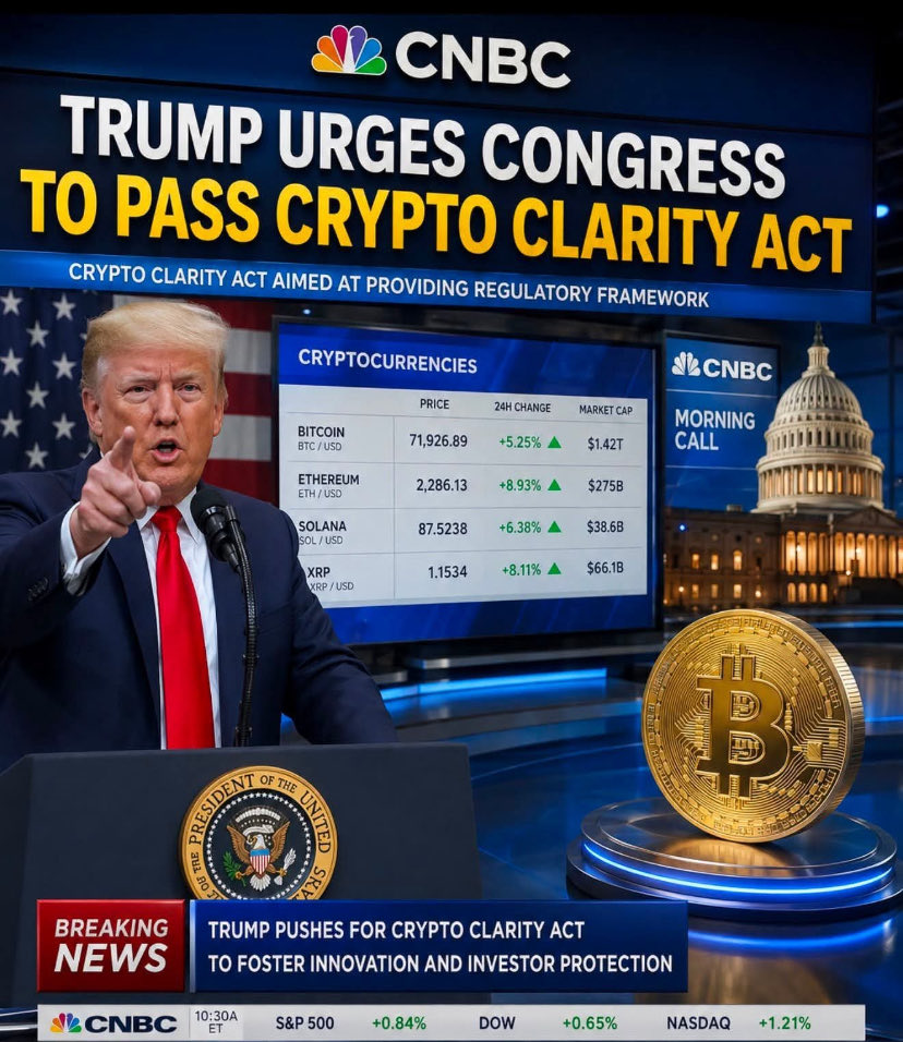 sherylsimcrypto's tweet photo. 🚨JUST IN: President Trump is urging
Congress to advance the Crypto CLARITY Act, putting clearer U.S. digital-asset regulation back in focus.

Clearer rules could be a major step for crypto companies, investors and institutional adoption. https://t.co/k29rmTJSax