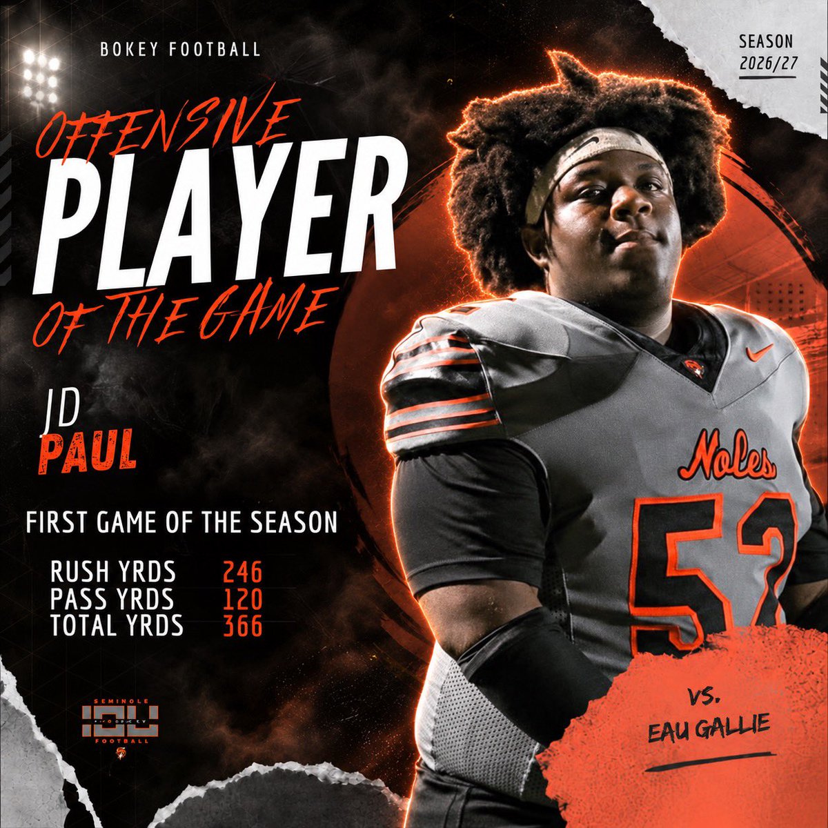 BokeyFootball's tweet photo. Players of the week for week 3 vs EAU Gallie HS! Defensive player of the week Safety Antrell Armstrong! Offensive player of the week Center JD Paul! Special teams player of the week Athlete JoJo Watson!  🧡🖤 #Bokey https://t.co/JhPfLRqc1u
