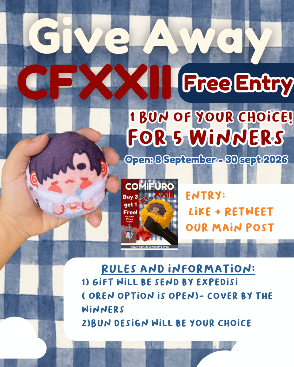 blueforestbylaw's tweet photo. {❤️&amp; 🔁 Appriciated}

Hi, I am opining PO for #CF23
PO mail order &amp; Pick up

📅 8 - 22 Sept
🌟 Free Entry Giveaway (GA) for 5 Winners
🔗‍ Thread

Buy 3 get 1 bun of your choice!

#comifuro23 #comifuro23catalogue https://t.co/wU4BA7xVki