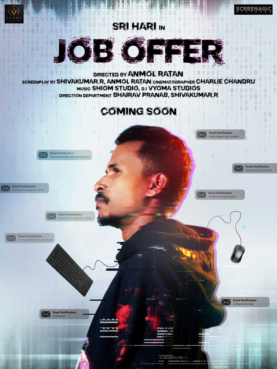 IActorSrihari's tweet photo. Here is the 1st poster of our short film - JOB OFFER.

Main artist - Sri Hari
Dop - Charlie Chandru
Written by - Shivakumar.R, anmol ratan
Music by - Shiom Studios.
Di - Vyoma studios

Will be announcing release date soon https://t.co/hZ2tg6oiel