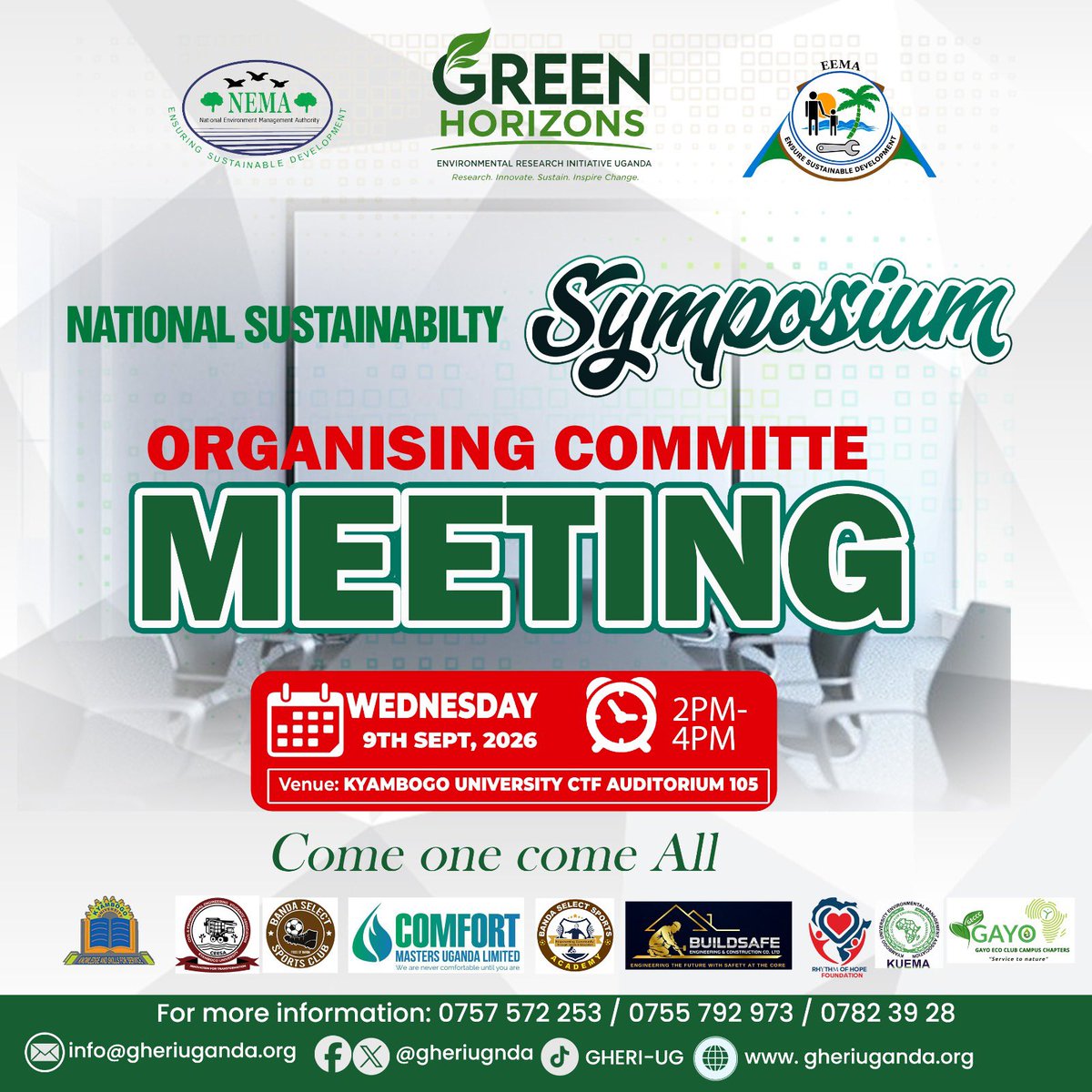 gheriuganda's tweet photo. IMPORTANT NOTICE
All partners, volunteers, and members of the Organising Committee are requested to attend the National Sustainability Symposium Organising Committee Meeting tomorrow.
Wednesday, 9th September 2026 2:00 PM – 4:00 PM Kyambogo University, CTF 105 https://t.co/39xTxNh3Hn