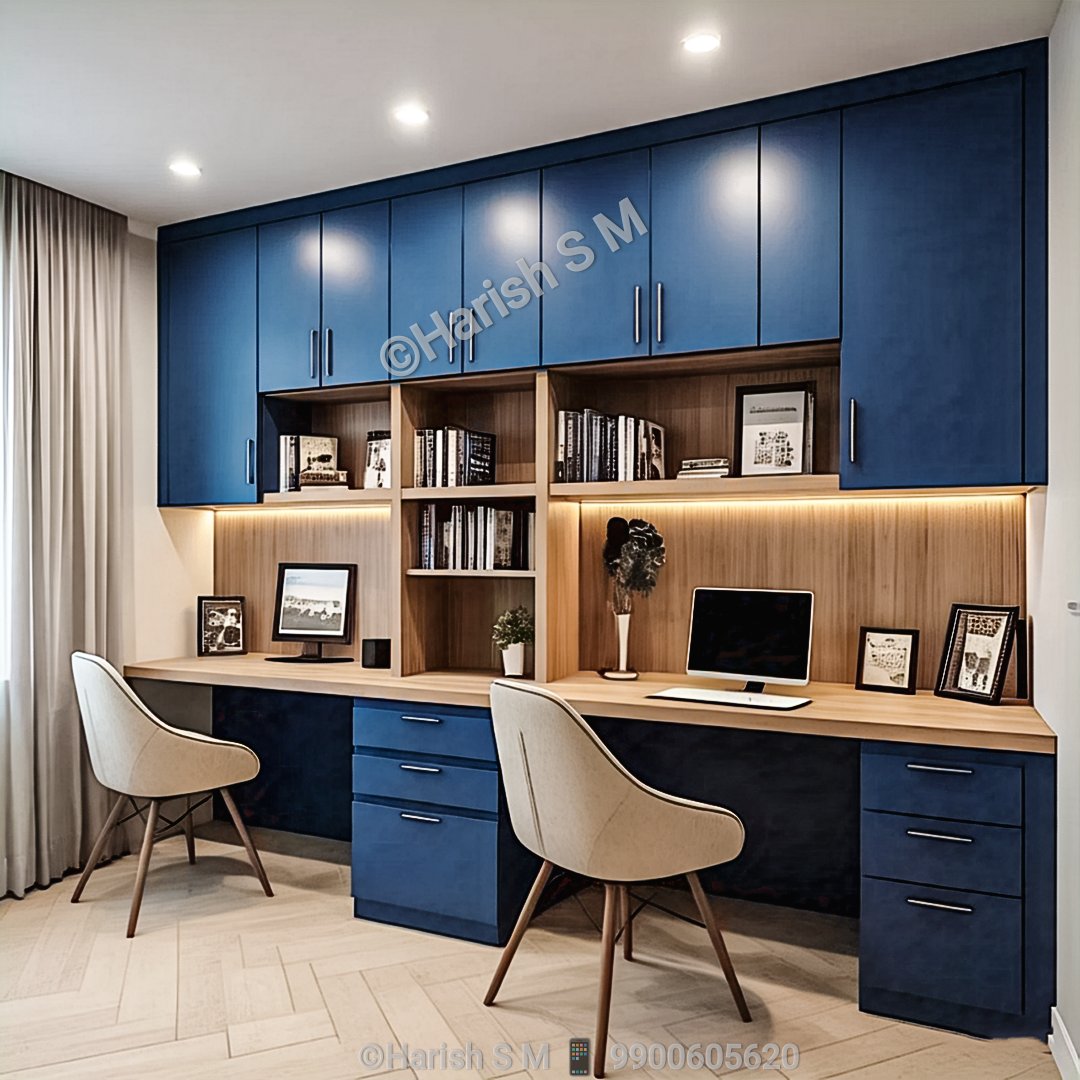 zinteriordesign's tweet photo. Double the productivity, double the style. ✨ Loving the contrast between this deep blue cabinetry and warm wood tones. The ultimate shared home office setup! 💻📚#HomeOffice #InteriorDesign #WorkFromHome #WorkspaceGoals #Interiors https://t.co/xkgG5d06lM