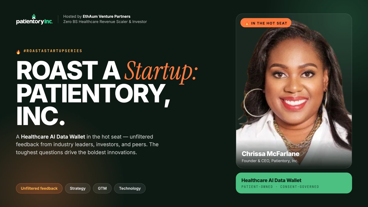 patientory's tweet photo. 🔥 We took the hot seat.

Our founder, Chrissa McFarlane @ChrissaTanelia brought Patientory's Healthcare AI Data Wallet to the #RoastAStartupSeries by @EthaumVenture, no soft questions allowed.

The toughest questions drive the boldest innovations.

https://t.co/yN4XeFc7ef https://t.co/E5Cs1FWc2x
