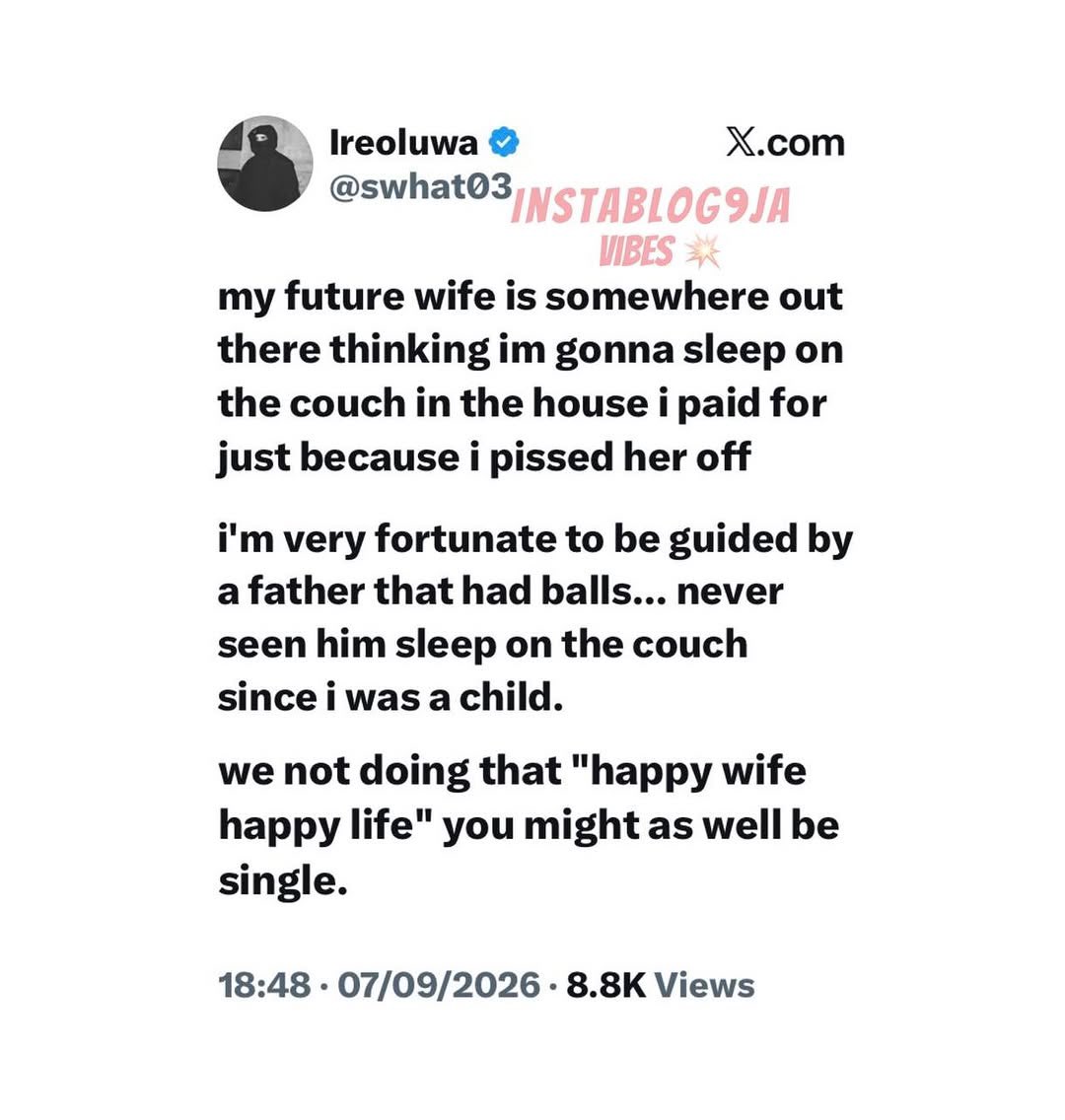 instablog9ja's tweet photo. Man declares he will never accept the couch treatment in his own home, saying his father taught him differently. Is sleeping apart really a healthy way to handle marital conflict? 😂🏠💍 https://t.co/3FhgPnVHc3