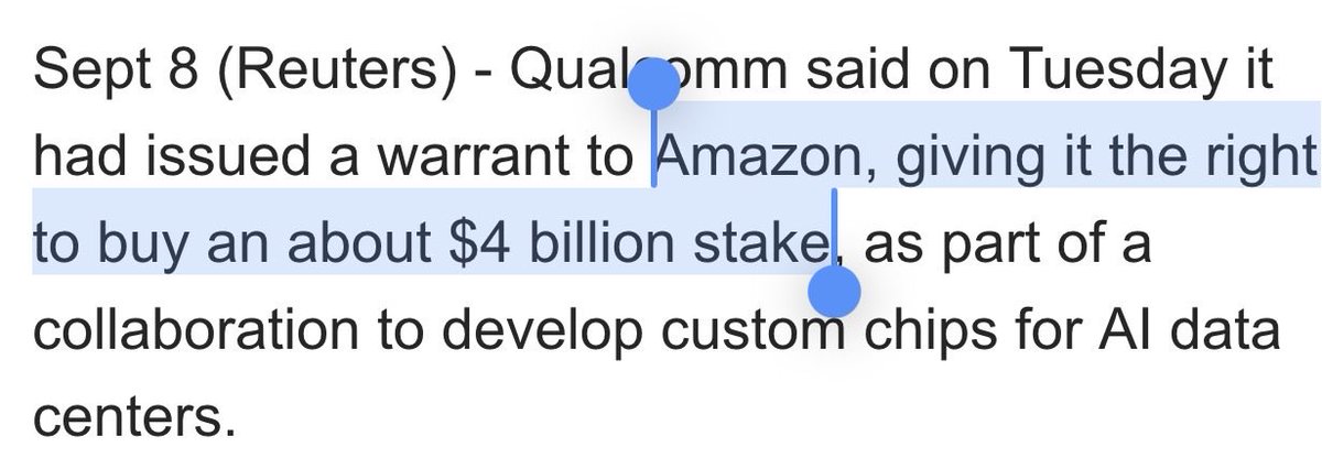 aleabitoreddit's tweet photo. $AMZN signs a new deal with $QCOM, giving Amazon the right to buy a ~$4B stake of Qualcomm through warrants.

At this rate.. Amazon will be more of a semi ETF than $NVDA?

Given their existing equity/warrants with AlChip, $MRVL, $ALAB, $AAOI, and others.

This of course is linked with up to $60B in milestone revenue from Amazon/Qualcomm custom silicon partnership.

Good for both companies, moreso Qualcomm.