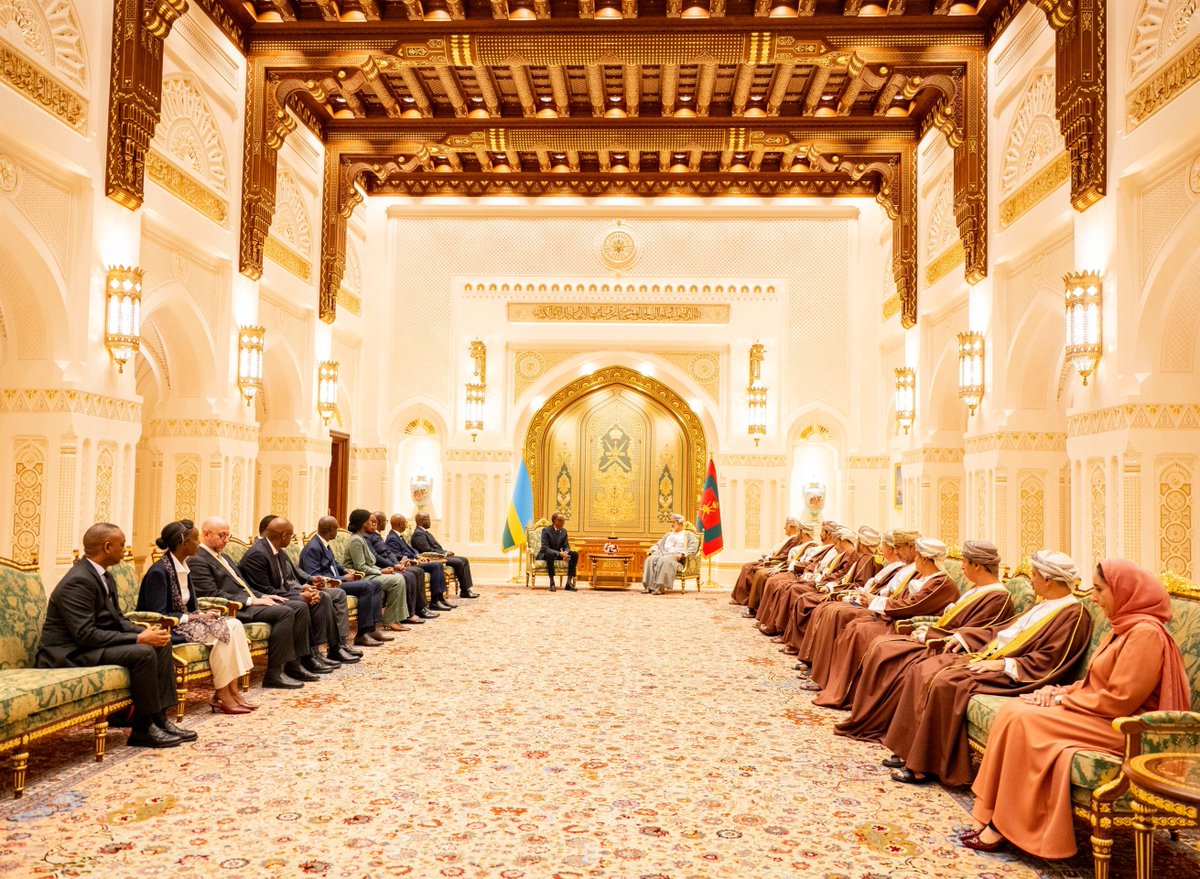 UrugwiroVillage's tweet photo. His Majesty Sultan Haitham bin Tariq bid farewell to President Kagame and his delegation at Al Mamurah Palace, marking the conclusion of President Kagame’s two-day official visit. https://t.co/LnXL3UFs8n