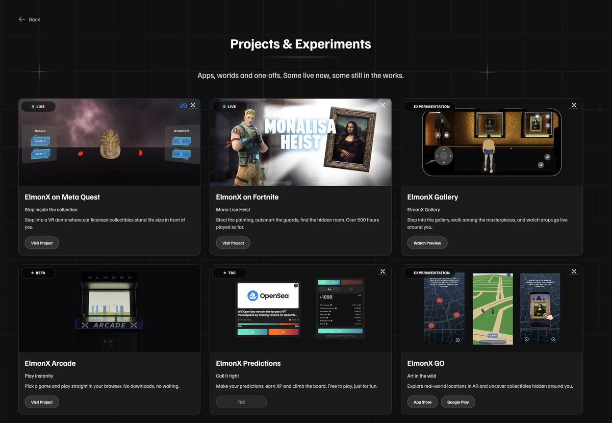 elmonx_official's tweet photo. New page: Projects &amp; Experiments.

Apps, worlds, one-offs. Some live. Some coming. Some we're keeping quiet about.

https://t.co/yhwIvqQkSI https://t.co/4DwoCee72c