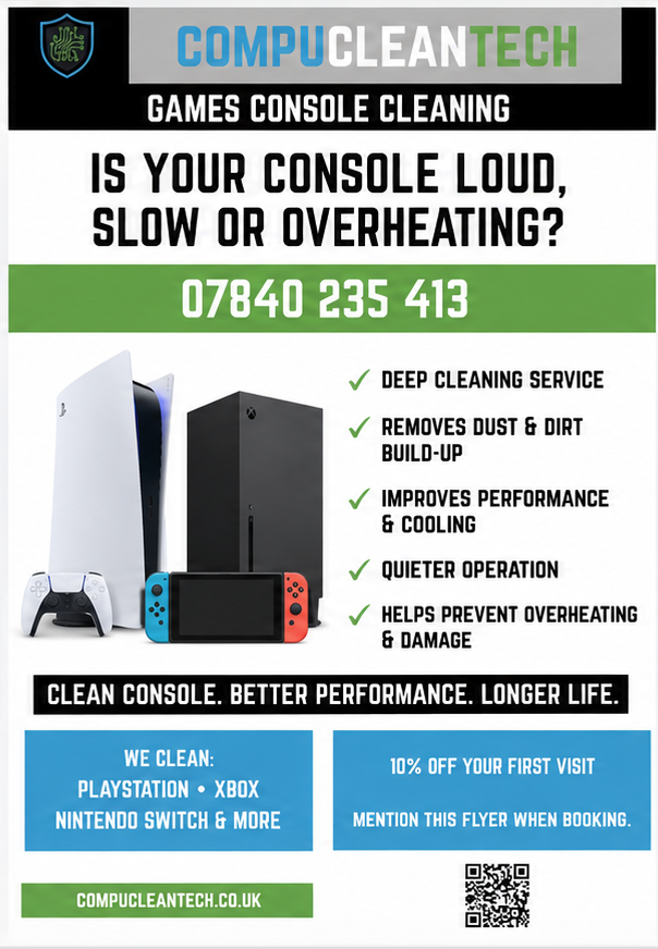 compucleantech's tweet photo. Console cleaning - to remove dust and dirt, and improve performance and cleaning.

Get your console clean booked today!

#playstation #xbox #nintendo #gaming 

https://t.co/mLcp2ziUCe https://t.co/210MtSbmid