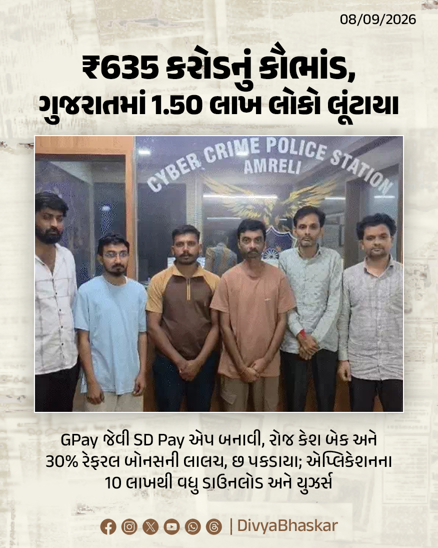 Divya_Bhaskar's tweet photo. ₹635 કરોડનું કૌભાંડ, ગુજરાતમાં 1.50 લાખ લોકો લૂંટાયા; GPay જેવી SD Pay એપ બનાવી, રોજ કેશ બેક અને 30% રેફરલ બોનસની લાલચ, છ પકડાયા - https://t.co/I4oRudwB6G
#Gujarat #SDPayApp #AmreliPolice https://t.co/ITAE3cyDax