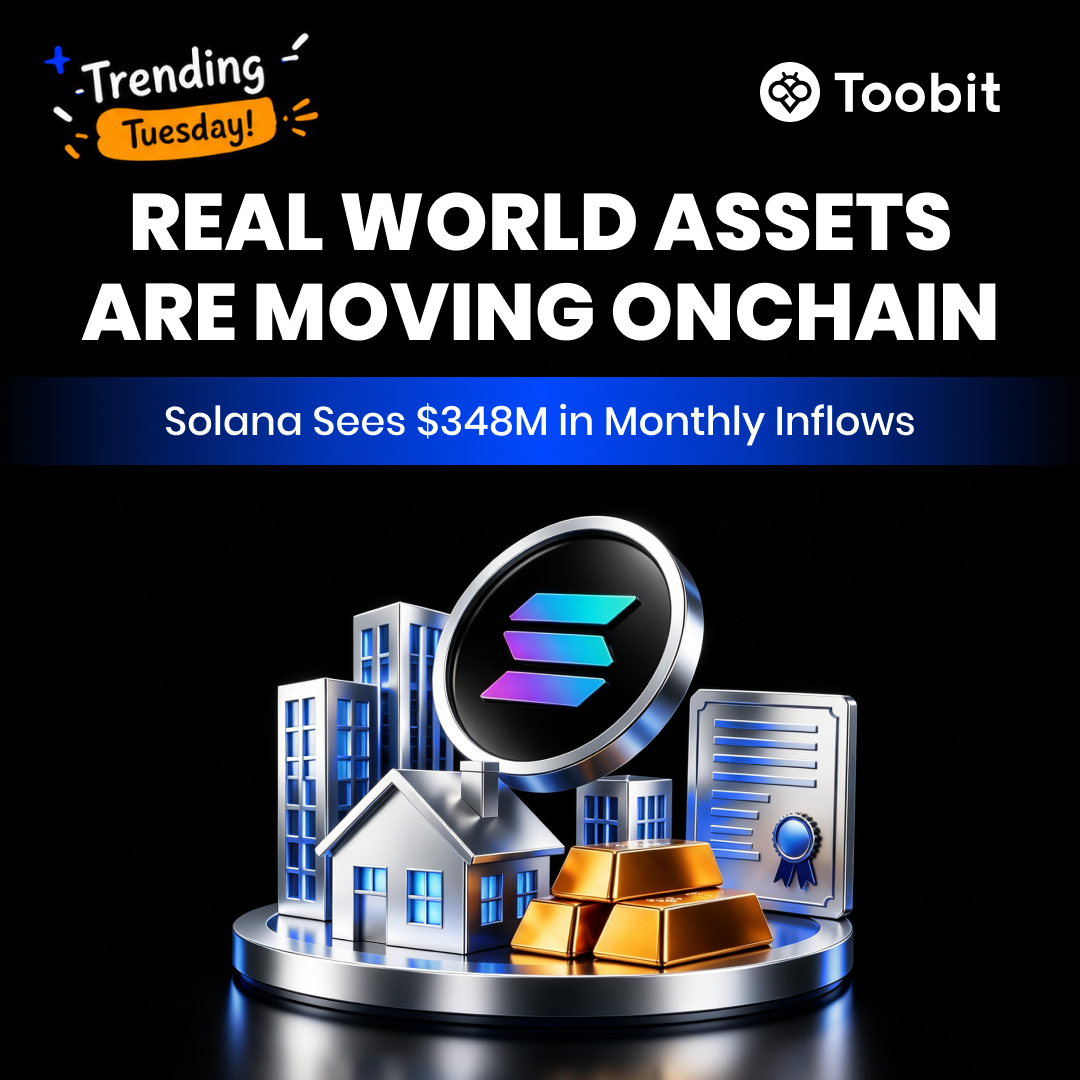 Toobit_official's tweet photo. From real estate to traditional financial assets, more value is moving onchain. 🌍 

Solana recorded $348M in monthly RWA inflows, highlighting the growing momentum behind tokenization. 🏦⛓️

Are RWAs becoming one of the biggest trends in crypto? 👀

#Toobit #TrendingTuesday #RWA #Solana #Crypto