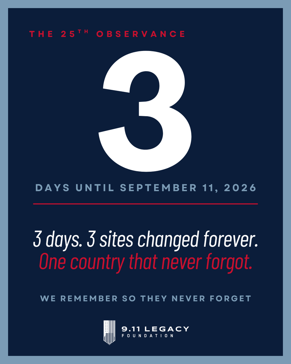 The911Legacy's tweet photo. 🇺🇲 3 days. 3 sites forever changed. One country that never forgot.

The World Trade Center in New York. The Pentagon in Arlington. A field in Shanksville, PA. Three places, one morning, and a nation that has carried it ever since.

3 days. Count down with us. https://t.co/VX5Pb4LeMZ

#WeRemember #NeverForget #September11 #25thObservance #911Legacy