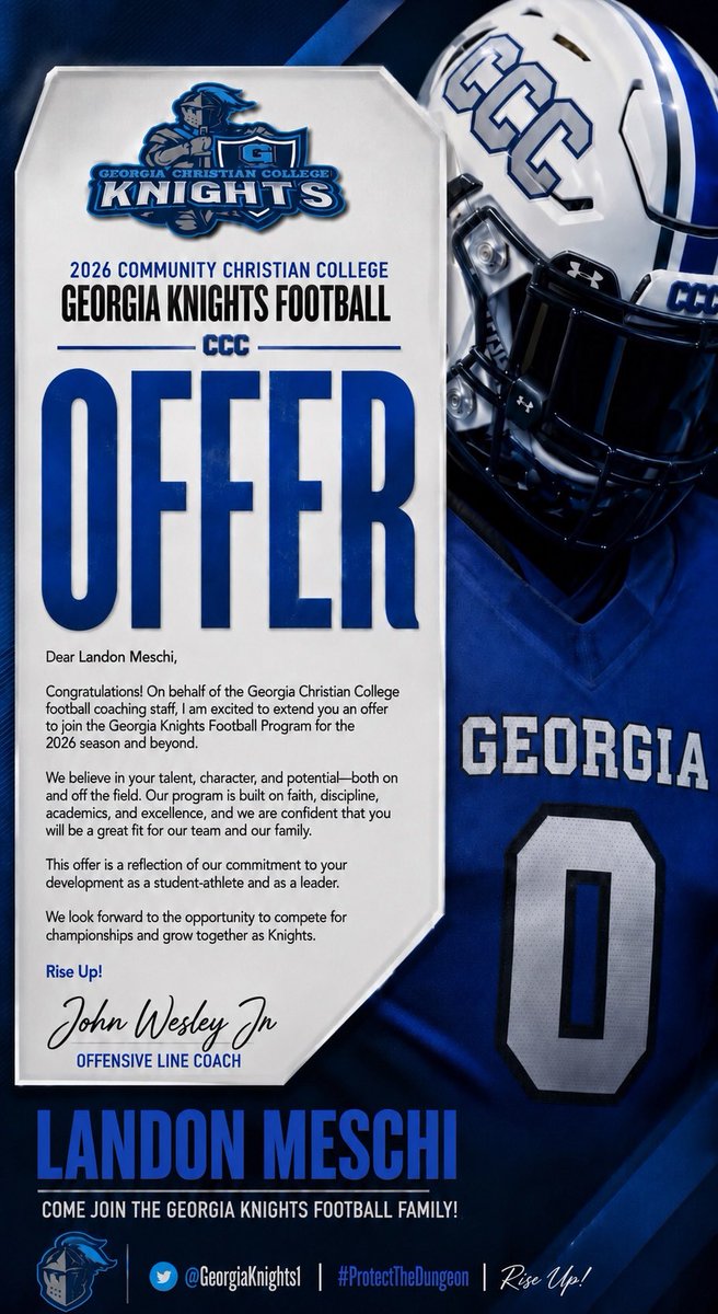 Landon_Meschi's tweet photo. After a great talk with @JWesley_Jr , I am blessed to recieve an offer from Georgia Christian College! 
@ClyntonElwood @declan_deyoung @BakerLBrian @CoachQuintana @FBswarmfootball https://t.co/SxSehLQKUi