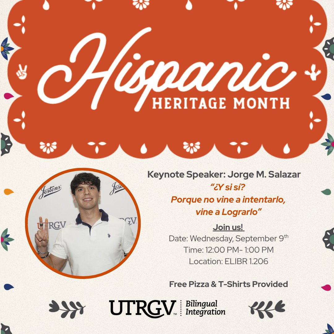 utrgvobi's tweet photo. Join us for a powerful presentation by Jorge M. Salazar, "¿Y si sí? Porque no vine a intentarlo, vine a lograrlo."

Date: Wednesday, September 9
Time: 12:00 PM - 1:00 PM
Location: ELIBR 1.206

🍕Free pizza and T-shirts while supplies last. https://t.co/PXcFFKjx96