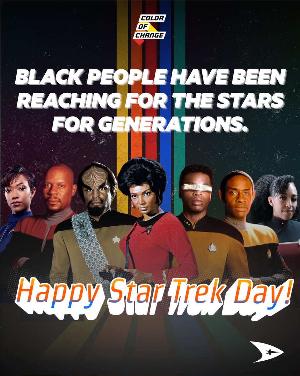 ColorOfChange's tweet photo. Before Black kids could imagine themselves in the stars, they needed to see someone already there. 

From Uhura inspiring generations to pursue STEM to Victor Glover traveling to the Moon, the future we see can shape the future we build.

Happy Star Trek Day! 🖖🏿 https://t.co/PF4bs09Z1a