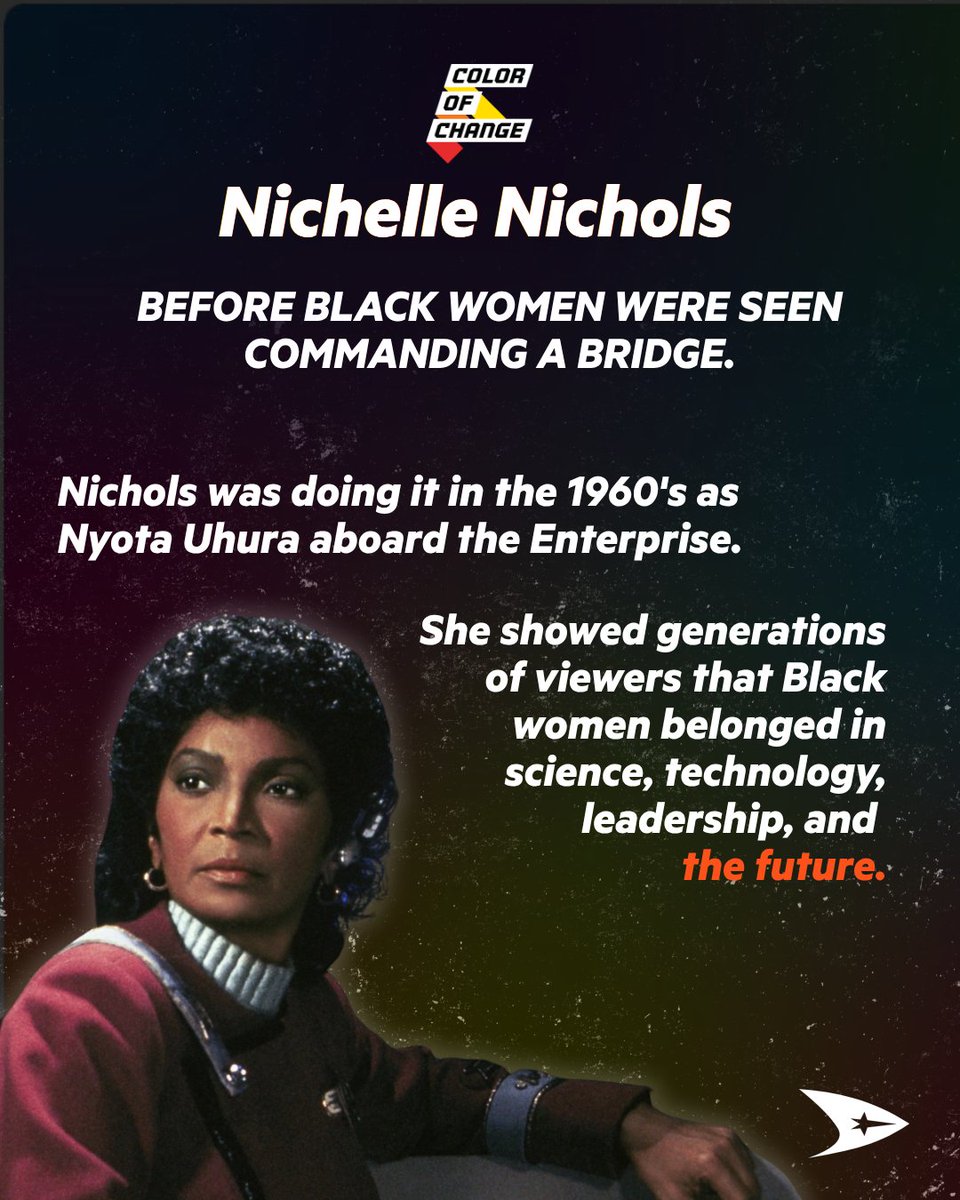 ColorOfChange's tweet photo. Before Black kids could imagine themselves in the stars, they needed to see someone already there. 

From Uhura inspiring generations to pursue STEM to Victor Glover traveling to the Moon, the future we see can shape the future we build.

Happy Star Trek Day! 🖖🏿 https://t.co/PF4bs09Z1a