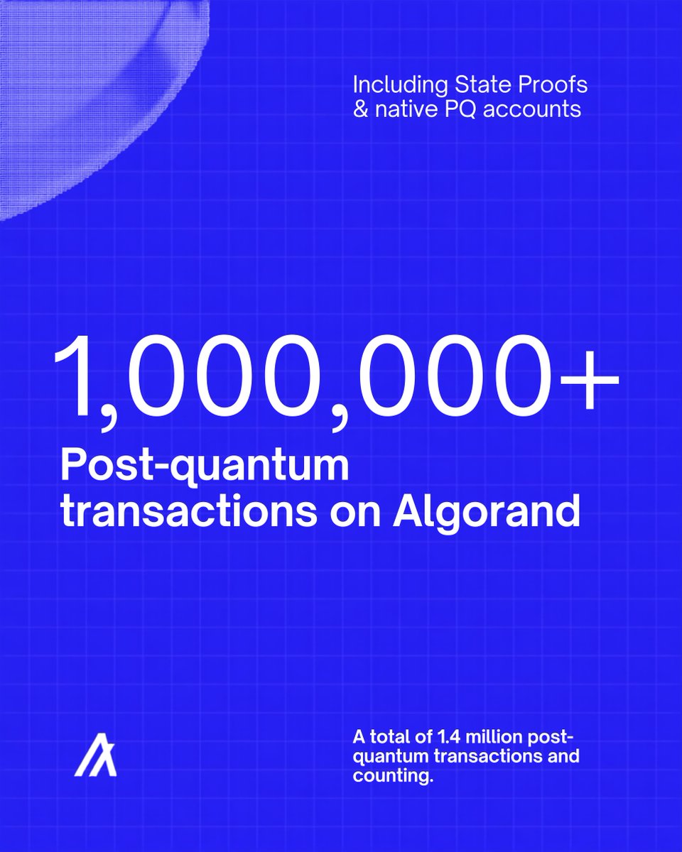 AlgoFoundation's tweet photo. Q-Day has been coming for some time.

Algorand has been preparing for this since 2022.

After 1.4 million native post-quantum transactions, we feel more ready than ever for the post-quantum future. https://t.co/oXmnYm7L9w