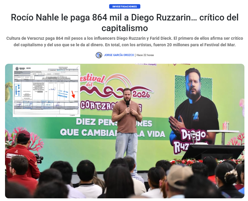 emeequis's tweet photo. Cultura de Veracruz paga 864 mil pesos a los influencers Diego Ruzzarin y Farid Dieck. El primero de ellos afirma ser crítico del capitalismo y del uso que se le da al dinero. En total, con los artistas, fueron 20 millones para el Festival del Mar. https://t.co/SyOV3z69OK