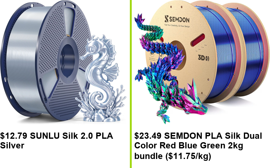 3dpdeals's tweet photo. $12.79 SUNLU Silk 2.0 PLA Silver
https://t.co/ULFjTpktJr

$23.49 SEMDON PLA Silk Dual Color Red Blue Green 2kg bundle ($11.75/kg)
https://t.co/cAKWgDtImR

#ad #afflink https://t.co/QBtk3IuNcj