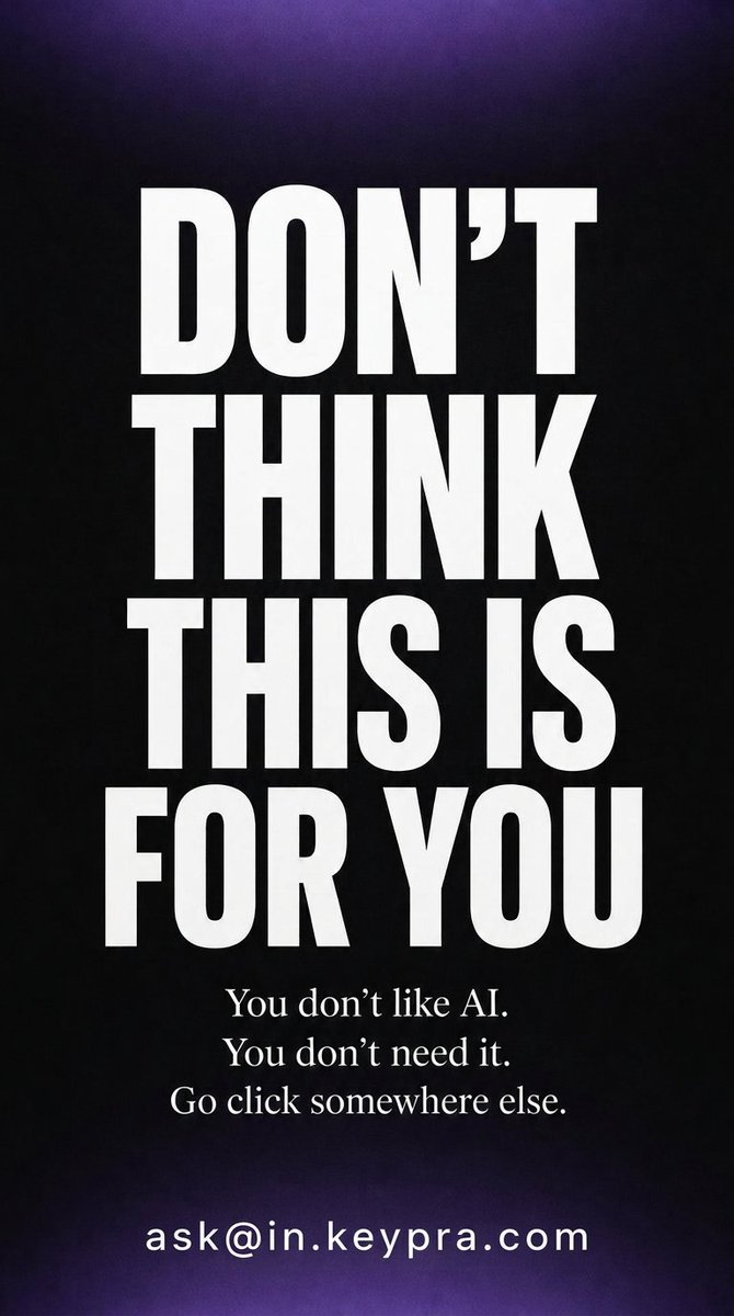 GetKeypra's tweet photo. Don't think this is for you. You don't like AI. You don't need it.

Everyone else: send one prompt to ask@in.keypra.com. Score, lesson, stronger prompt — by return email. No login, no account. https://t.co/pioJ7k2Jbb