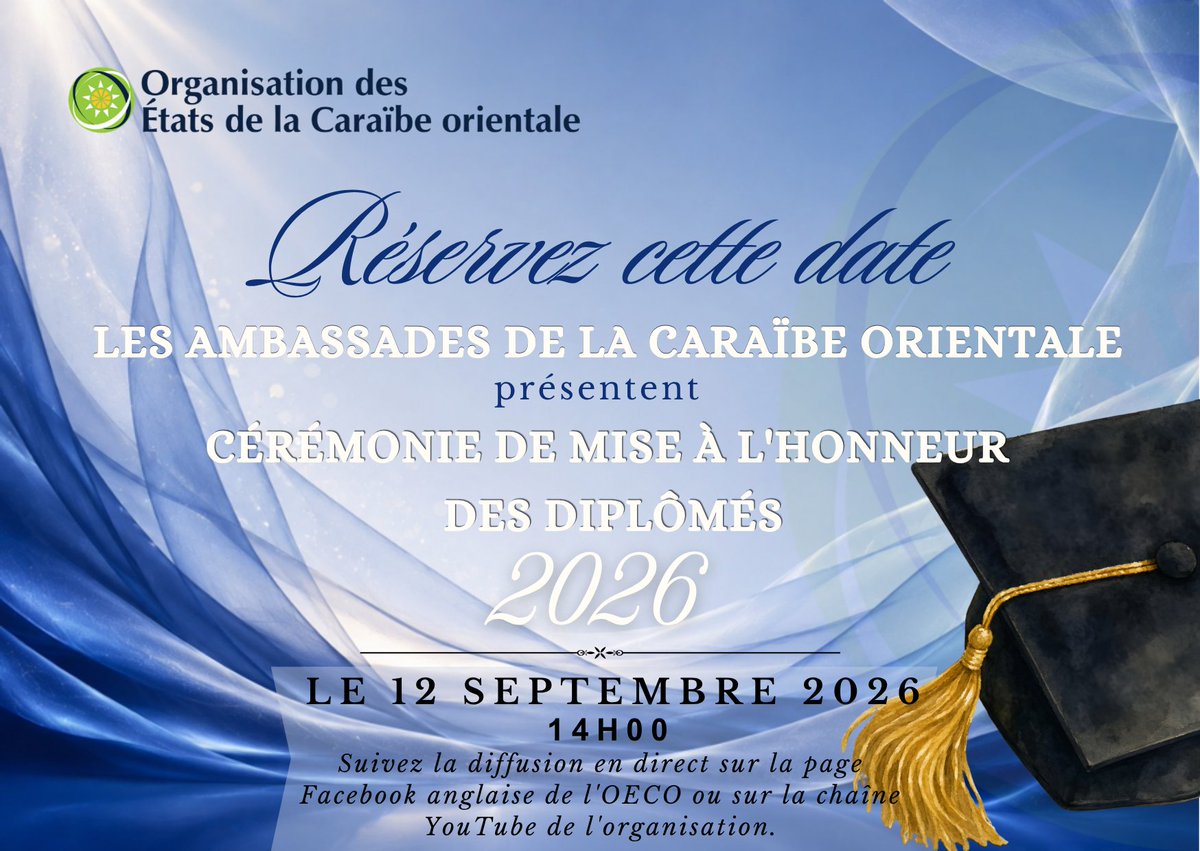 commissionoeco's tweet photo. 📩 Vous êtes invités !

🎓 Suivez en direct la cérémonie de mise à l'honneur des diplômés des lauréats du Programme de Bourses du Maroc pour les ressortissants de l'OECO. 🇲🇦🤝🏽

📅 Samedi 12 sept. 2026 | 9h00 AST
📺 Live Facebook &amp; YouTube : https://t.co/Q7GyaCWUsM

#OECO https://t.co/EbLKmrN6HQ