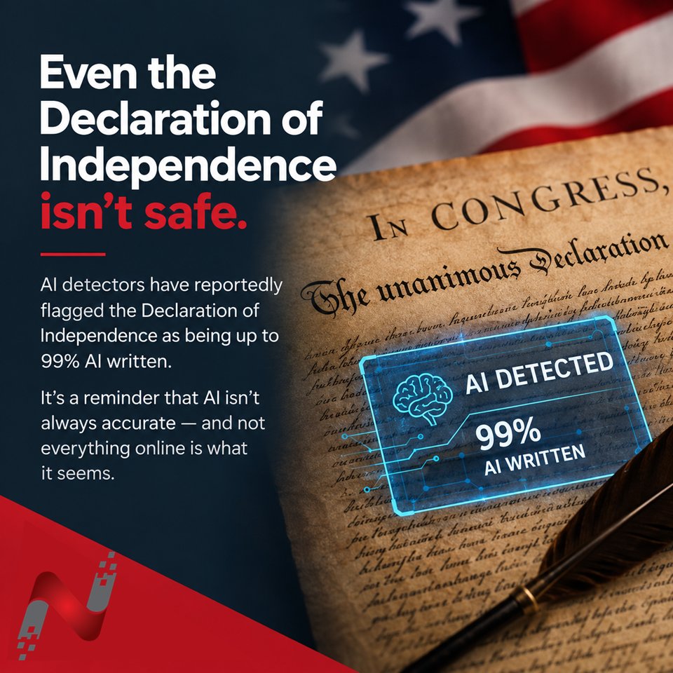netcommky's tweet photo. Apparently, even the Declaration of Independence can get flagged as being up to 99% AI-written by an AI detector. Well over 200 years before AI was even a concept.

It is a great reminder that AI tools can be useful, but they are not infallible. Whether it is an AI detector, chatbot, or search tool, the results still need to be questioned and verified by humans.

#AI #ArtificialIntelligence #Technology #AIDetection #TechTips #SmallBusiness