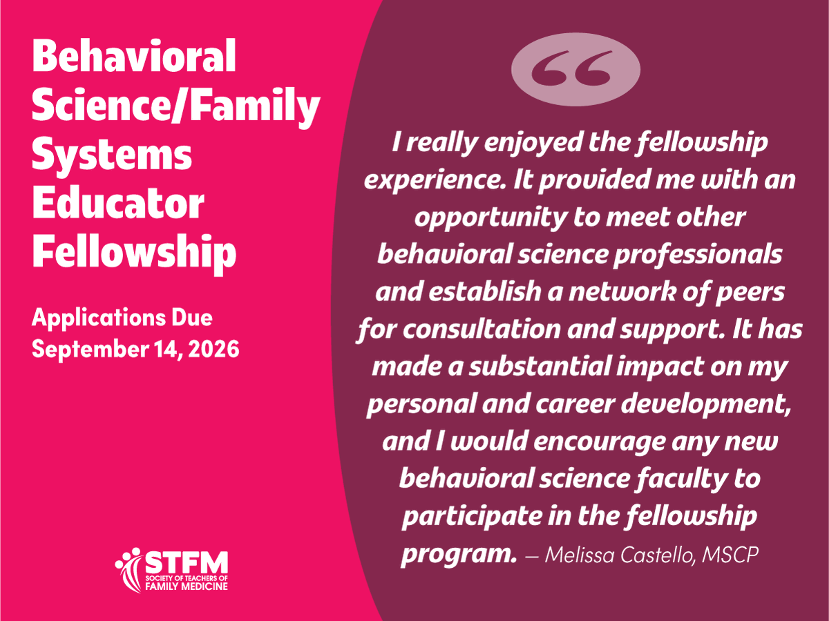 STFM_FM's tweet photo. Behavioral science faculty have a few days left to apply for the STFM Behavioral Science/Family Systems Educator Fellowship! This is an excellent opportunity for anyone who teaches the behavioral science/family systems curriculum in residency programs: https://t.co/0oVnT7cmIy https://t.co/B0I8dtDOXS