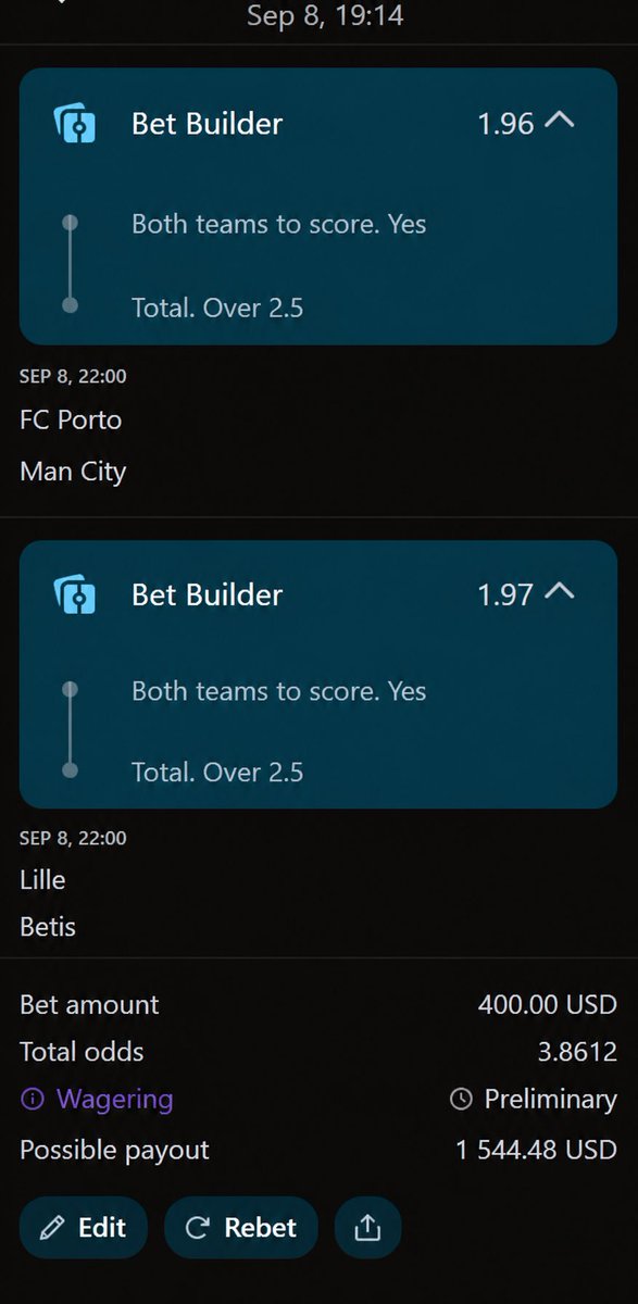 Smooth_Bets's tweet photo. 🔥 TODAY’S ACCUMULATOR — 3.86 ODDS

🇵🇹 FC Porto vs Man City
🎯 BTTS — Yes + Over 2.5 Goals @ 1.96

Porto are usually much more aggressive at home and should have chances in front of their own crowd. City have the quality to score against anyone, so I’m expecting an open game with opportunities at both ends and at least three total goals.

🇫🇷 Lille vs Real Betis
🎯 BTTS — Yes + Over 2.5 Goals @ 1.97

Both teams are capable of playing attacking football and creating plenty of chances. Lille are dangerous at home, while Betis have enough technical quality going forward to contribute as well — a 2-1 or 1-2 type of game looks very possible.

💰 Stake: $400
📈 Total Odds: 3.8612
💵 Potential Return: $1,544.48

#FootballBetting #SportsBetting #BettingTips #Accumulator #Parlay #FCPorto #ManCity #Lille #RealBetis #BTTS #Over25 #Football #18Plus