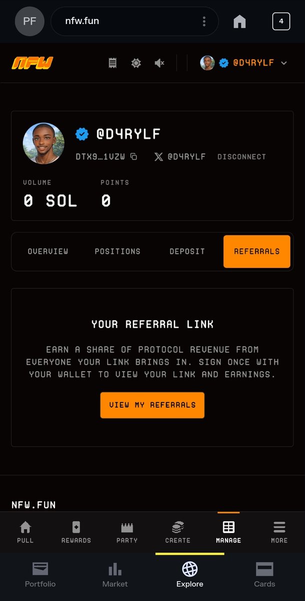 D4rylf's tweet photo. The @nfwdotfun website UI has 6 navigations:
Pull, Rewards, Party, Create, Manage & More.

Your profile menu is under Manage.

That's where you can set up your account, view your profile details and check your onchain activity.

The first two things you'll see are:
~ Volume: the total amount you've spent on pulls, measured in SOL.
~ Points: your accumulated points on NFW, which are tied to your activity on the platform.
(Idk exactly how this works yet👀)

There's also 4 subsections under your profile:

Overview | Positions | Deposit | Referrals

I'll get into the other three in another post, but for this one, let's talk about Referrals.
I won't lie, I was so absent-minded that I didn't even notice NFW had a referral system 😂

There's actually quite a bit to unpack here, so I'll make a proper follow-up post tomorrow.

One thing:
To get your referral link, you first have to sign a one-time, cost-free contract from your connected wallet.

Deep dive into the NFW referral system tomorrow 🫡