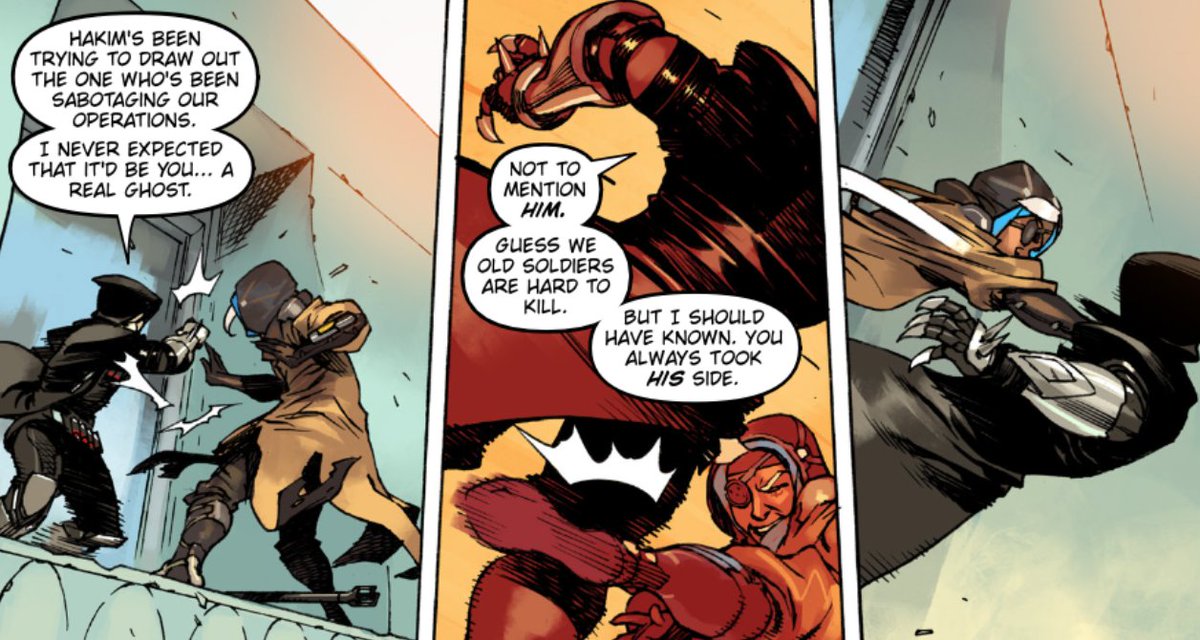 westofhouse's tweet photo. In case you think I was kidding about Ana being strongest, I present: Crisis era Ana ripping an omnic apart with her bare hands, post-retirement Ana taking Reaper one-on-one, and her Captain Amari concept art. https://t.co/Rxnw1o05vS