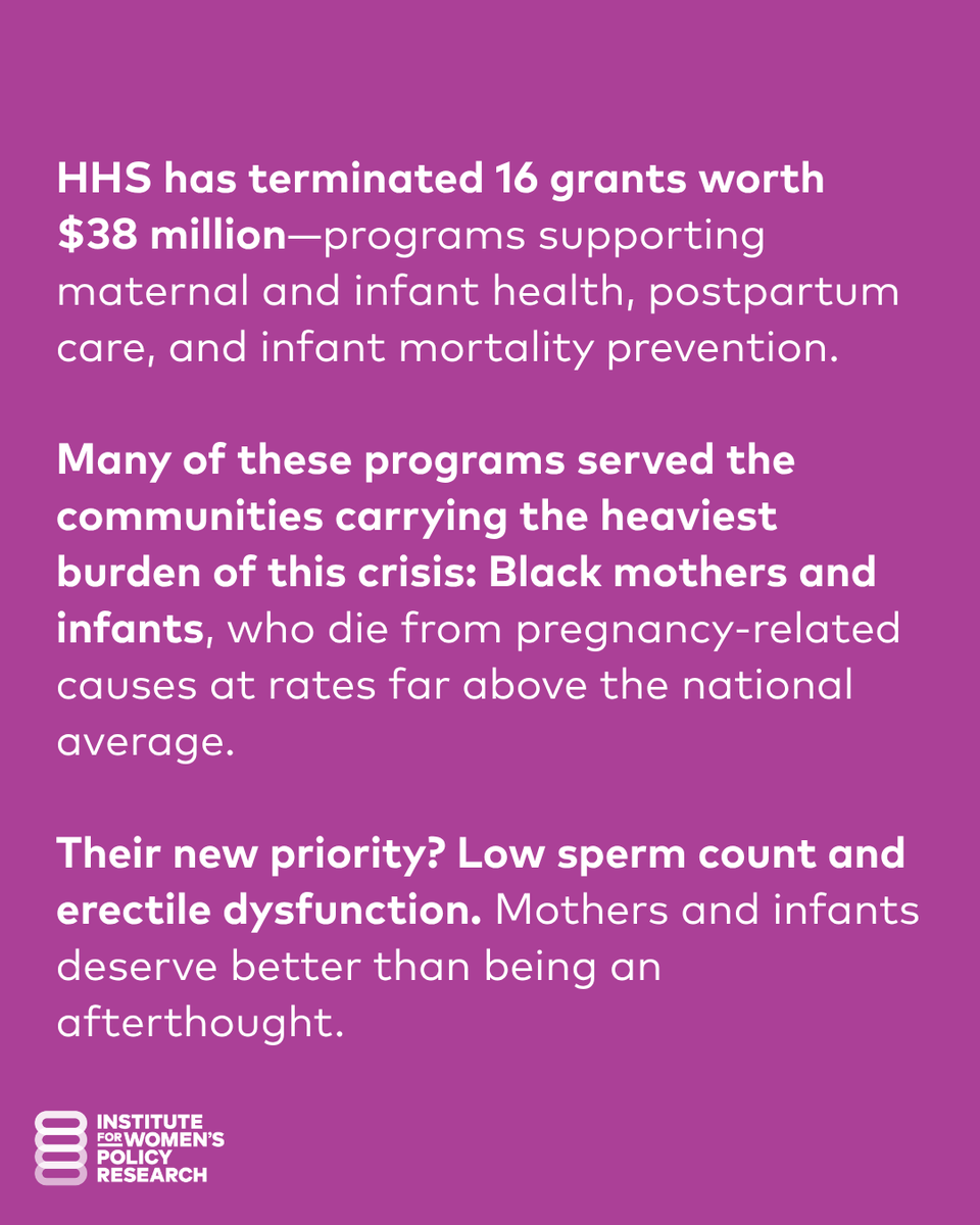 IWPResearch's tweet photo. The federal government just made a choice about whose health matters.

HHS has terminated 16 grants worth $38 million—programs supporting maternal and infant health, postpartum care, and infant mortality prevention. Many of these programs served the communities carrying the heaviest burden of this crisis: Black mothers and infants, who die from pregnancy-related causes at rates far above the national average.

Their new priority? Low sperm count and erectile dysfunction. Mothers and infants deserve better than being an afterthought.