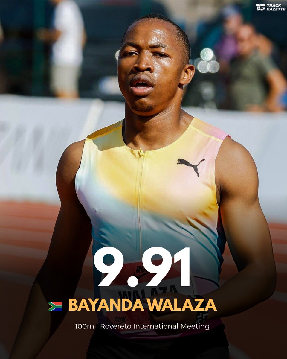 TrackGazette's tweet photo. 9.91s!!🔥
Meet Record ☑️

Bayanda Walaza 🇿🇦 powered to victory in the men's 100m at the Rovereto International Meeting, clocking a time of 9.91s (+0.5).

He set a Meet Record for a fourth sub-10 clocking in 2026, beating Abdul-Rasheed Saminu 🇬🇭 who ran 10.01s and Eliezer Adjibi 🇨🇦 in 10.09s.