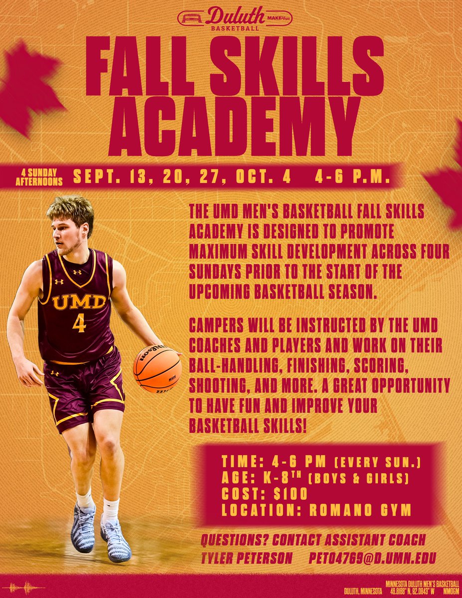 UMDBulldogMBB's tweet photo. Fall Skills Academy begins this Sunday 🍂🏀❗️
Get ready for the upcoming basketball season with the Bulldogs!
📆: Sept. 13th, 20th, 27th, Oct. 4th
🏀: Boys & Girls grades K-8
⌚️: 4-6 p.m.
Sign up today 🔗: https://t.co/KkgcpxRGTI
#MakeMoves x #BulldogCountry 🐶🏀 https://t.co/XVwcOFrmu4
