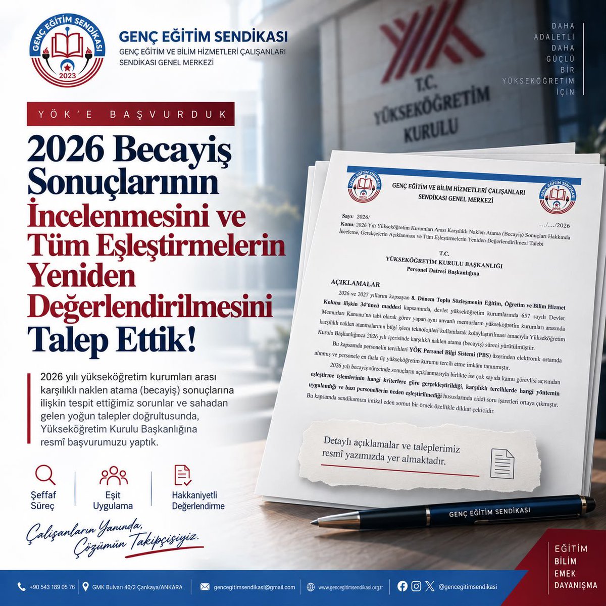 balbal_mesut's tweet photo. 2026 yılı YÖK becayiş sonuçlarındaki belirsizliklerin giderilmesi ve tüm eşleştirmelerin hakkaniyetle yeniden değerlendirilmesi için resmî başvurumuzu yaptık.
Şeffaf süreç ve eşit uygulama için sürecin takipçisiyiz. ⚖️

@mfaarslan 
@gencegitimsen 

#becayiş
#üniversiteçalışanları https://t.co/OyFuh3vh4I
