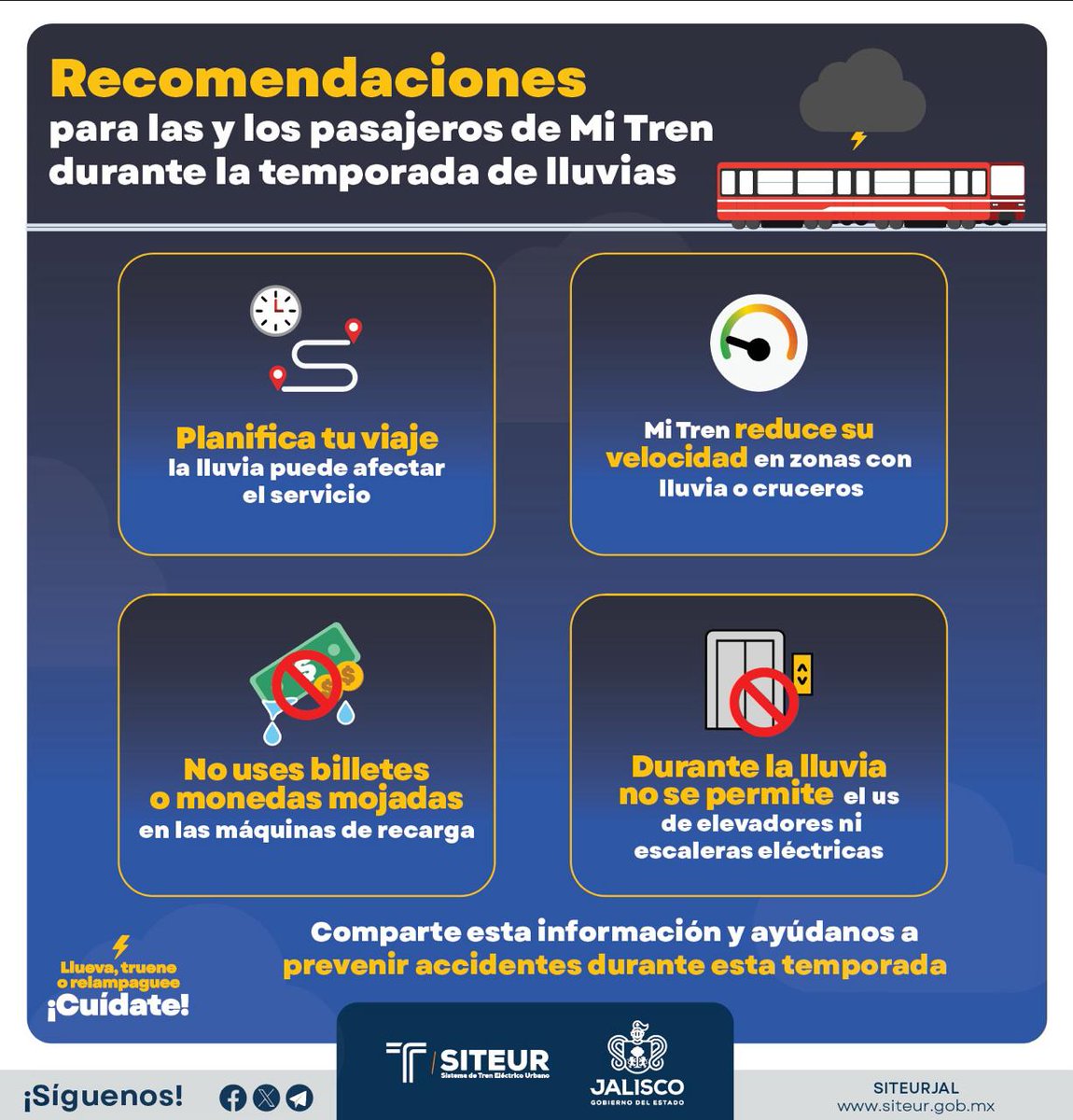 SITEURJAL's tweet photo. La temporada de lluvias puede modificar la operación de #MiTren.
Es posible que algunos recorridos requieran más tiempo y que se apliquen medidas preventivas en estaciones y cruces.
#AvanzamosPorJalisco https://t.co/3NQrfoN0E2
