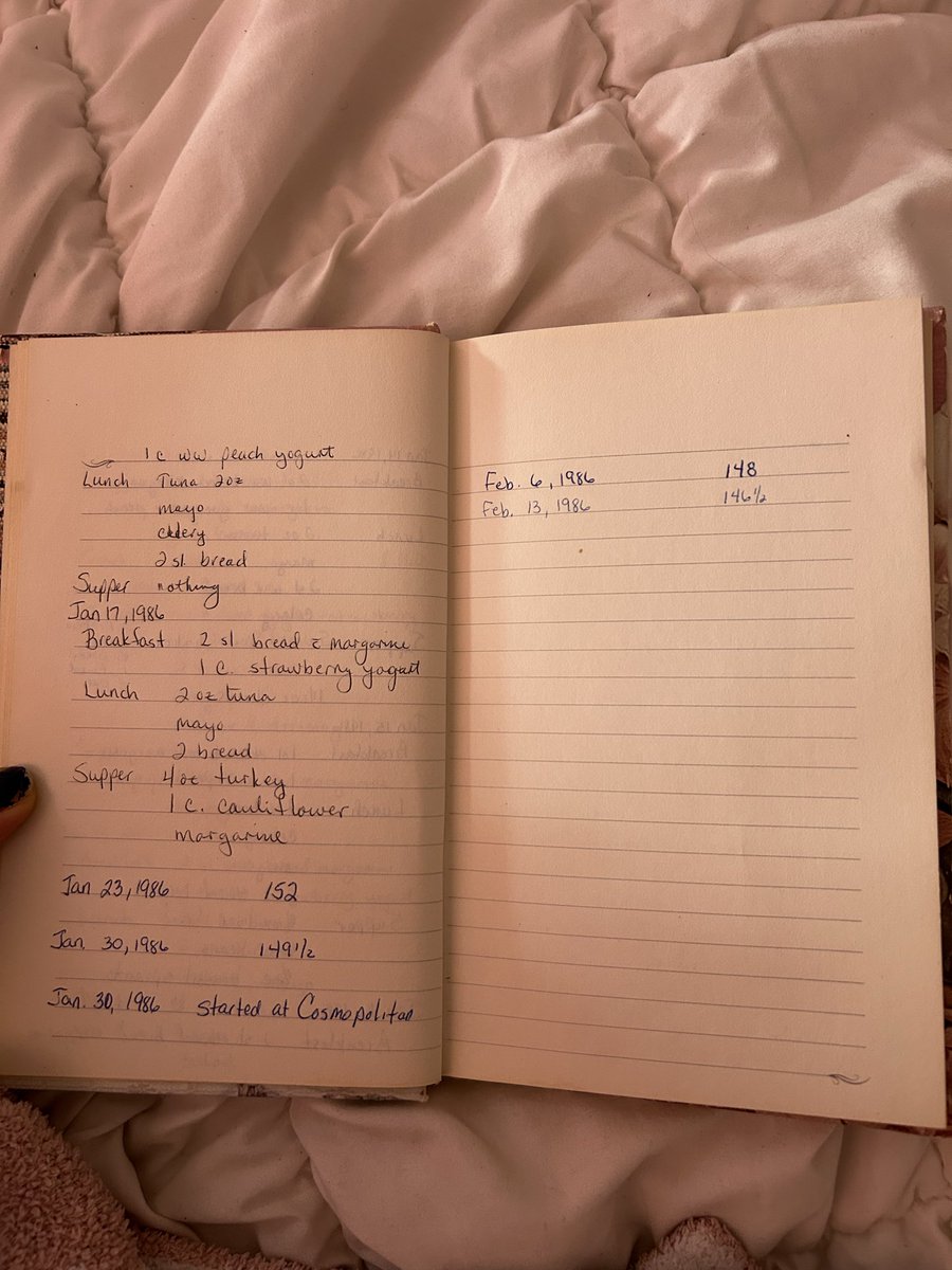 nevernirvanaa's tweet photo. I thrifted this journal! Inside are entries from 1986, a woman details her dieting and measurements. So cool to see imo, seems like she stopped after beginning a job at Cosmopolitan which is slay #edtwt #edrtwtㅤ https://t.co/Z8HnYKLQS9
