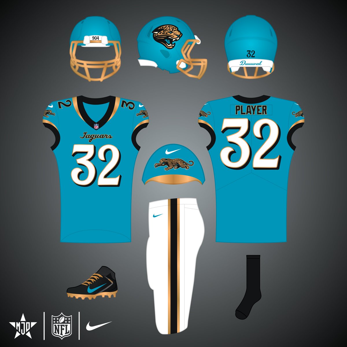 MJD7Design's tweet photo. While we're at it, here's a full set inspired by the Rivalries for the Jaguars. I added a black alternate helmet with the jaguar spots and a teal flake inspired by the 2009 helmet. https://t.co/ZOg95crERE