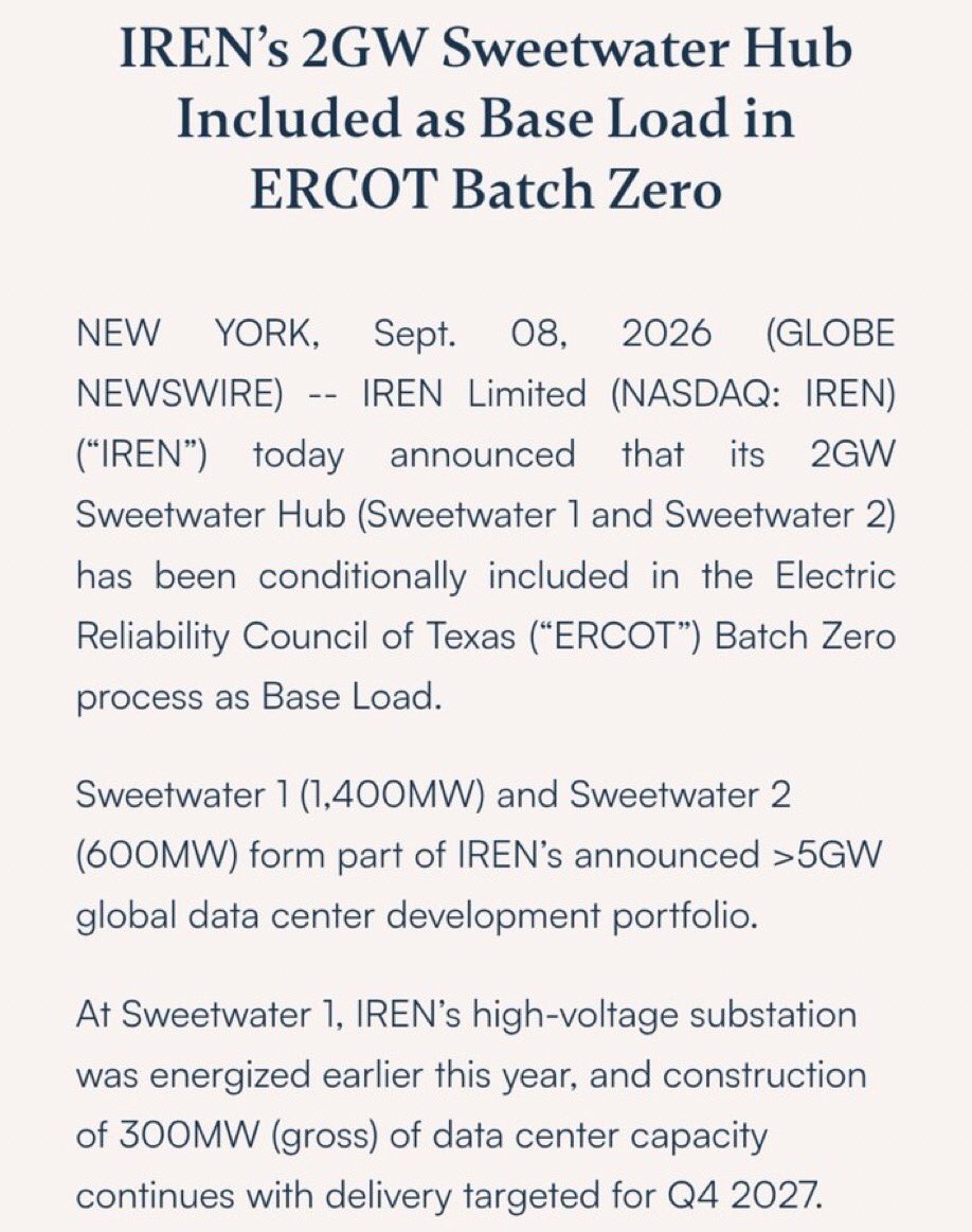 monInvestor1_'s tweet photo. $IREN entire 2GW Sweetwater Hub has now been  included in ERCOT Batch Zero as Base Load.

Sweetwater 1: 1,400MW
Sweetwater 2: 600MW
Total: 2,000MW

Great news. 👏 https://t.co/DYg9E6EWdI