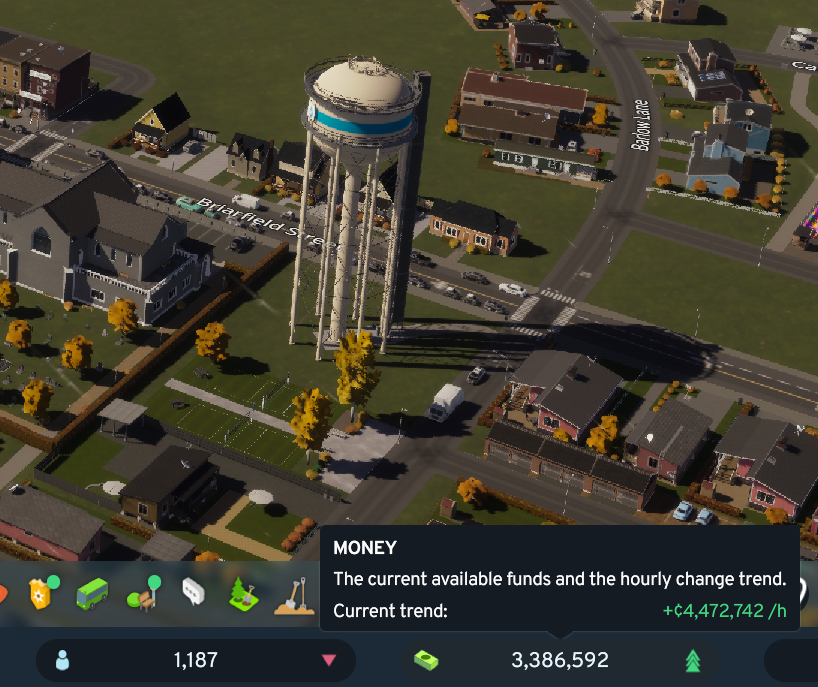 staarchildx's tweet photo. all i did was add a water tower to my small midwest town for the aesthetics and sold the excess water i think i broke the game 😭😭😭 https://t.co/5wOSLa01t9