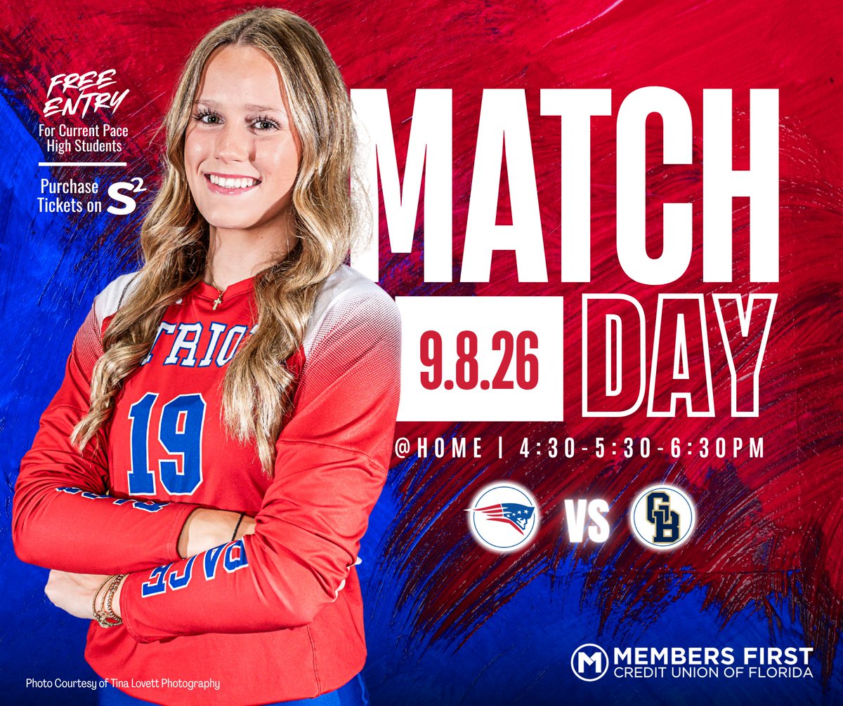 patriots_vball's tweet photo. 🏐Home Match Day Tonight! 🏐

#PacePatriotsVolleyball takes on Gulf Breeze tonight!
⏰ F 4:30 PM
⏰ JV 5:30 PM
⏰ V 6:30 PM
🎟️ Pace High students get in FREE with student ID. Tickets available through S2 Pass.

📣 Let's Pack the gym &amp; cheer on the #LadyPatriots! 💙❤️ https://t.co/ZbpeT3dheD