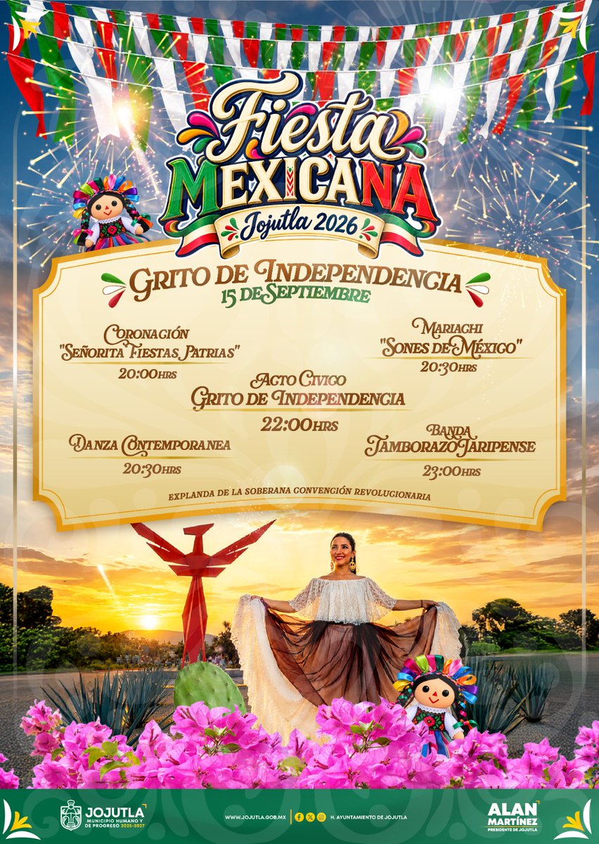 DOA_MX's tweet photo. #Jojutla | 🇲🇽 PREPARA JOJUTLA DOS DÍAS DE FIESTA MEXICANA

Mariachi, tamborazo y música norteña acompañarán las fiestas patrias del 15 y 16 de septiembre en la explanada de la Soberana Convención Revolucionaria. El programa del Ayuntamiento, encabezado por el Alcalde Alan Martínez García, arrancará el martes a las 20:00 horas con la coronación de “Señorita Fiestas Patrias”; el Grito de Independencia será a las 22:00 horas y después tocará la Banda Tamborazo Jaripense.

El miércoles, el desfile saldrá a las 08:00 horas de la Cabeza de Juárez y recorrerá las principales calles del Centro. Por la tarde y noche habrá danza folclórica, castillo y toritos con la Banda La Amistad, además de la presentación del Grupo Norteño Nuevo Objetivo a las 22:00 horas.