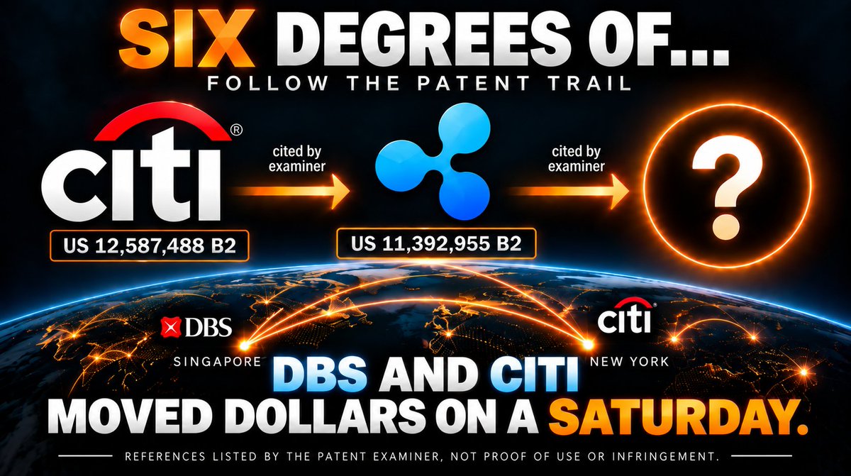 SovereignRiz's tweet photo. DBS AND CITI MOVED DOLLARS ON A SATURDAY.
SIX DEGREES OF...

The payment made the headline.

The patent references tell another story.

On September 5, 2026, DBS and Citi’s New York office completed a payment between Singapore and the United States using tokenized deposits through Swift’s Digital Ledger. 

DBS announced it on September 7 and says the transaction took minutes. 

For businesses paying suppliers across time zones, moving money outside banking hours is a practical improvement. 

This was a live transaction within a controlled pilot, not a full commercial rollout. 

Now put the announcement beside the patent records.

Start with Citibank’s patent.

US12,587,488 B2 was granted on March 24, 2026. It concerns digital signing and validation by multiple parties across computer networks. 

Its description specifically includes a “tokenized bank deposit” as an example of a digital asset. 

Follow its reference to Ripple.

In the patent’s citation list, you will find US11,392,955 B2, a Ripple-originated patent titled Temporary consensus networks in a resource transfer system. 

Then open Ripple’s references.

Turn to page 2. In the upper right column, look for 2017/0187535 A1.

Beside it is the name Middleton.

Recognize the name?

That publication is the application that became US11,196,566 B2, the ’566 patent. 

Its front page names Reginald Middleton and Matthew Bogosian as inventors and records a provisional application filed on May 9, 2014.

Follow the citations forward and the route is:

’566 FAMILY → RIPPLE → CITIBANK.

Each arrow means “is cited by.” 
Two documented citation steps connect the ’566 family to Citibank’s patent record.

There is also a technical reason to keep reading.

Citibank’s document discusses conditions that must be satisfied before a smart contract executes, alongside signing and validation by multiple parties. 

The ’566 describes agreements that transfer value based on information or participation from a third party. 
These are concrete subjects to compare, rather than simply pointing out that both documents mention blockchain. 

For example, the original ’566 claim 1 includes transaction terms containing a reference to a data source and an expiration timestamp. 

It also specifies an incomplete record that a client signs and completes before broadcasting it to a distributed ledger. 

Those details give an investigator something specific to check against an actual system.

Both references are marked “examiner-cited,” meaning patent examiners listed them as relevant during examination. That puts these connections in the official patent examination record, but does not prove copying, infringement or use in the weekend payment.

My view is that this deserves a proper comparison with the full family’s claims.

What information did the payment system check? 
Who signed the transaction records? 
Which conditions had to be satisfied before the transfer could proceed?

That should be the next part of the investigation. 

The citation trail gives us a place to start, not permission to invent the ending.

SIX DEGREES OF VERI.
This trail only needed two.

The element of truth, verified.