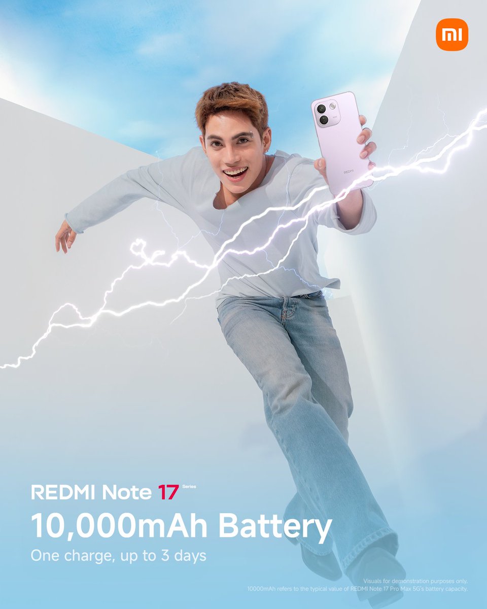 Xiaomi_PH's tweet photo. This much power is CRAZY. 🔋

Don’t wanna sleep? You won’t be missing out with Stell and the massive 10,000mAh battery of the #REDMINote17ProMax5G.

#REDMINote17Series #REDMINote17SeriesxSB19 #TitanPowerGoMax https://t.co/eIgVkgfxgQ
