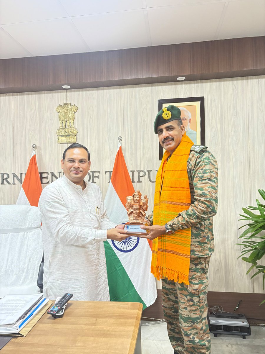 nccner's tweet photo. Brig Anand Raj Singh, Group Commander, Silchar Group, called upon Hon’ble Education Minister of Tripura, Shri Kishor Barman on 08 Sep 2026.

Discussions covered incentives for ANOs, State-level NCC activities, and measures to further expand NCC in Tripura.

The Hon’ble Minister shared his vision for strengthening NCC and appreciated its contribution towards nation building, conveying his best wishes to all cadets. 🇮🇳

#NCC #Tripura #YouthPower #NationBuilding 
@HQ_DG_NCC @easterncomd @vatsvirendra1 @proshillong