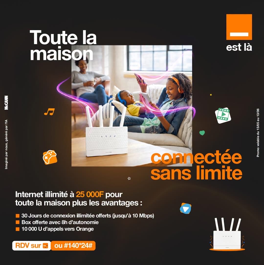 Orange_Cameroun's tweet photo. 🏠🌐 Le très haut débit, sans limite, chez toi avec Home Infinity !
30 jours d’internet illimité + 10 000 unités d’appels + 8H d’autonomie batterie 🔋
🎁 Box offerte dès 10 000 F !
📲 Souscris via Max it ou #140*24#
#OrangeEstLà #HomeInfinity #InternetIllimité https://t.co/aQO5tawr4Z