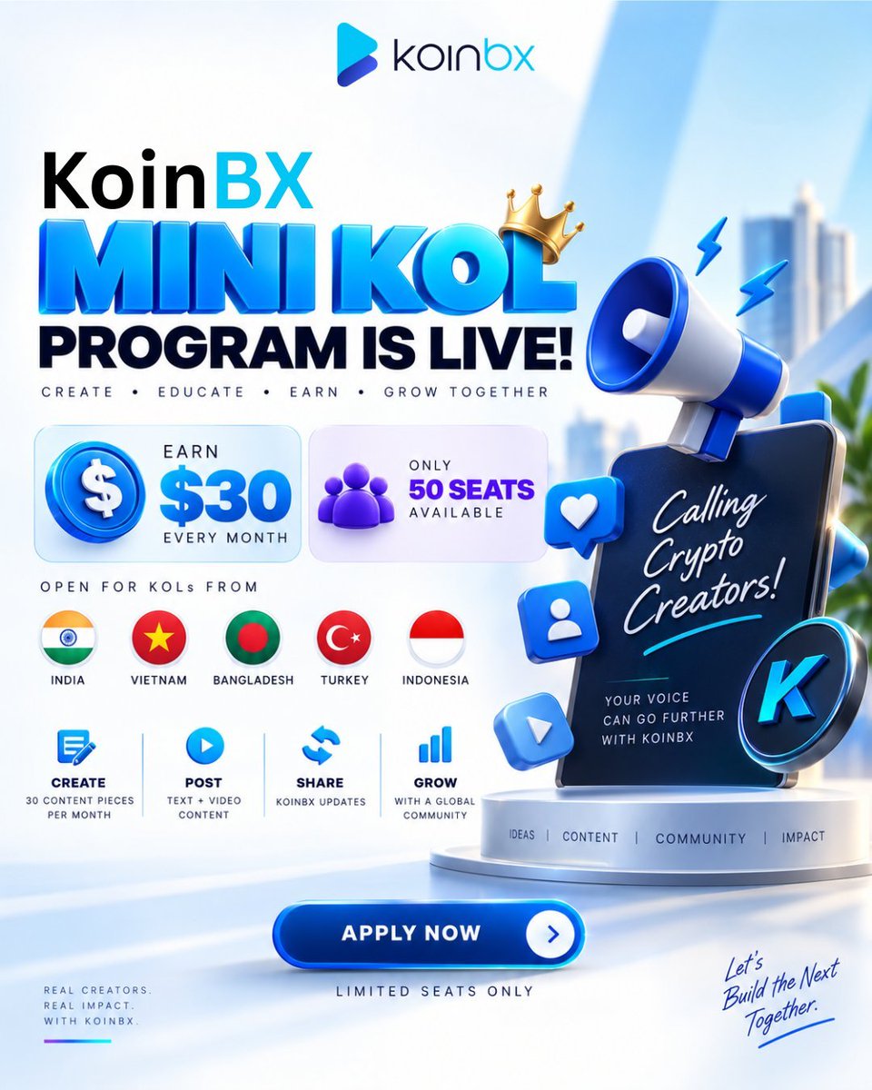 ataurakash037's tweet photo. 🚀 KoinBX Mini KOL Program is LIVE!
💰 Earn up to $30/month
🎯 Only 50 seats available
🌍 Open for KOLs from 🇧🇩 🇮🇳 🇻🇳 🇹🇷 🇮🇩
Create • Share • Grow with KoinBX 💙
👉 Apply Now!
#KoinBX #Crypto #KOL #Web3 https://t.co/lhc0yVykat