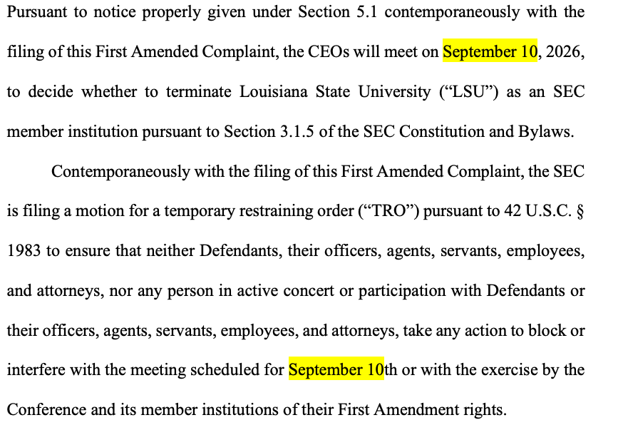 PeteNakos's tweet photo. The new filing also states that the SEC has called a September 10 special meeting to discuss LSU's membership.

https://t.co/kbPK0cCp3E https://t.co/36PpcNG081