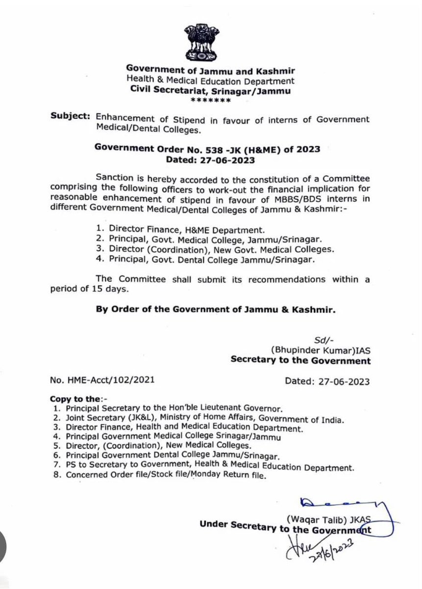 DrAkibJavid's tweet photo. PRESS STATEMENT

Following meetings with the Hon’ble Health & Medical Education Minister on 4th and 8th September, and in view of the written record of the meeting issued by the Health & Medical Education Department, the representatives of medical interns across Jammu & Kashmir have unanimously decided to hold/suspend the ongoing strike and resume duties from tomorrow, 9th September 2026.

As per the written assurance:

The Government has acknowledged the legitimate concerns of medical interns regarding stipend enhancement.

The matter is already under consideration, and a Stipend Enhancement Committee has been constituted to examine the issue comprehensively.

The Government has decided that the matter shall be finalised within 30 days, based on the recommendations of the Stipend Enhancement Committee constituted under Government Order No. 538-JK(HME) of 2023 dated 27.06.2023.

The order specifically records that the matter should be brought to a logical conclusion expeditiously and without avoidable delay.

In view of these assurances, medical interns have agreed to call off the strike and resume their duties, keeping patient care and academic/professional responsibilities in consideration.

Accordingly, the strike will remain on hold for the next 30 days, and all interns across J&K will resume their duties from 9th September. The representatives will continue to follow the matter closely until the final government decision and implementation of the promised stipend enhancement.

We thank every intern who stood united throughout this struggle. This is not the end of our fight—it is a 30-day window given to the Government to deliver on its written assurance.

Representatives of Medical Interns, Jammu & Kashmir
@OfficeOfLGJandK @OmarAbdullah @sakinaitoo @parawahid @ANI @PTI_News @ians_india @RisingKashmir @newsagencyknt  @aajtak @Dhruvchauhan @official_aimsa @RahulGandhi @KNO_NEWS @Indian_doctor @KNSKashmir @official_afa_  @KashmirLife @DrMohammadMomin @iamsahilparray @dr_tasadduk @TariqKarra  @sajadlone @IltijaMufti_ @TheSkandar @DrSuneem @GAMIR_INC @TariqKarra