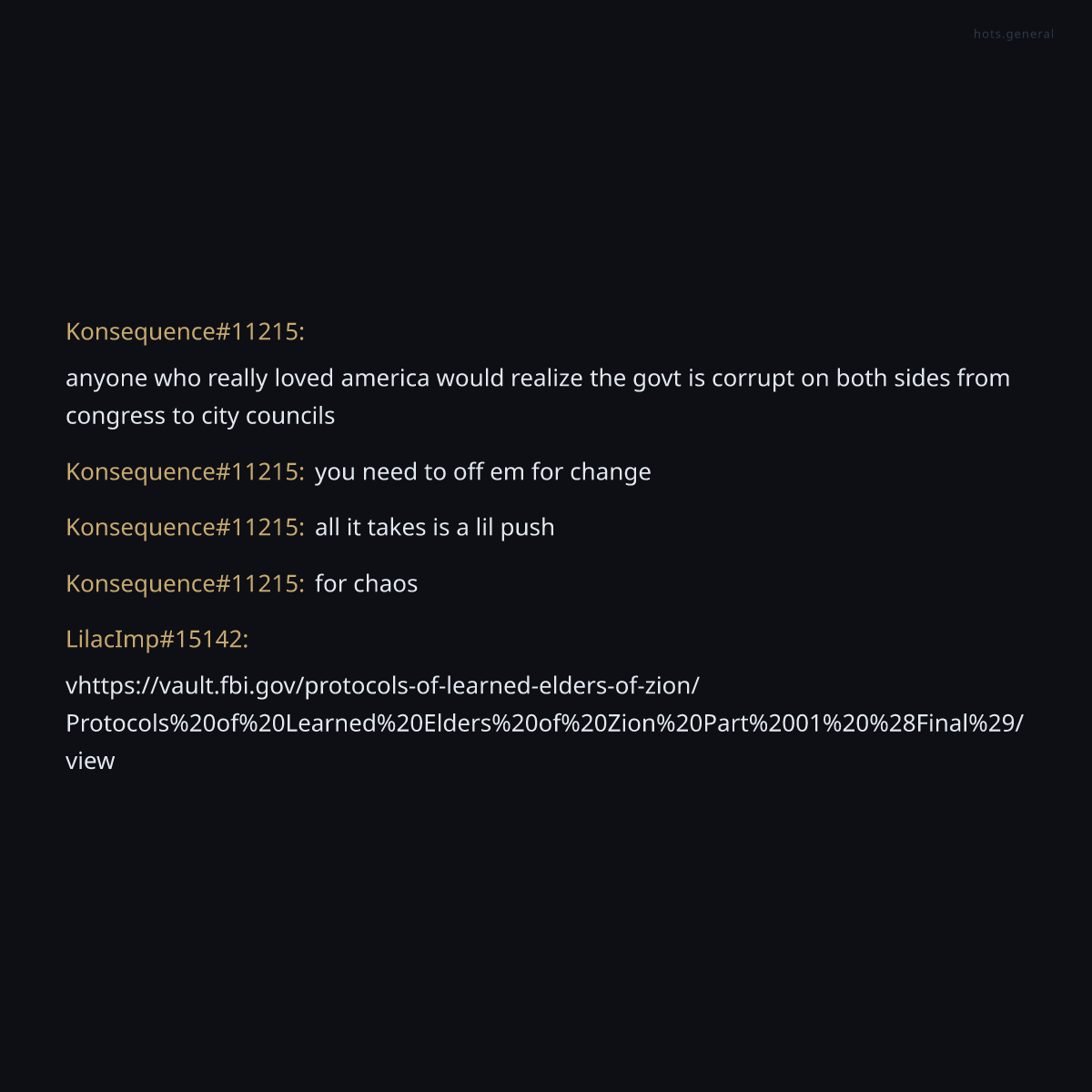 HOTSgeneral's tweet photo. The degenerates of HOTS general have stopped encoding their messages. They now speak openly of decapitation, chaos, and the distribution of foundational antisemitic texts. https://t.co/MVCawqZBqy