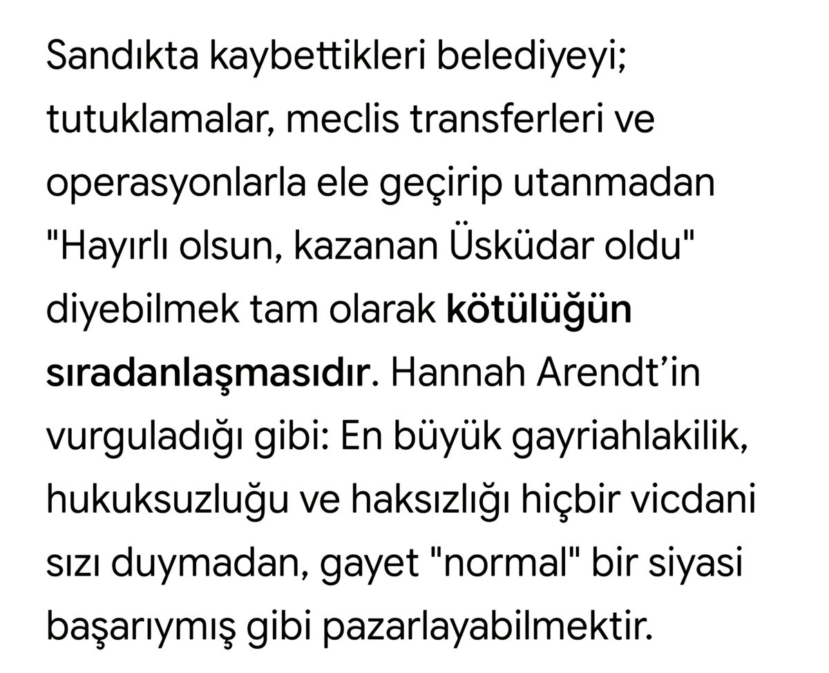 Arifisik0's tweet photo. @acikcenk Sandıkta kaybettikleri belediyeyi; tutuklamalar, meclis transferleri ve operasyonlarla ele geçirip utanmadan "Hayırlı olsun, kazanan Üsküdar oldu" diyebilmek tam olarak kötülüğün sıradanlaşmasıdır. https://t.co/tdHRaP80da